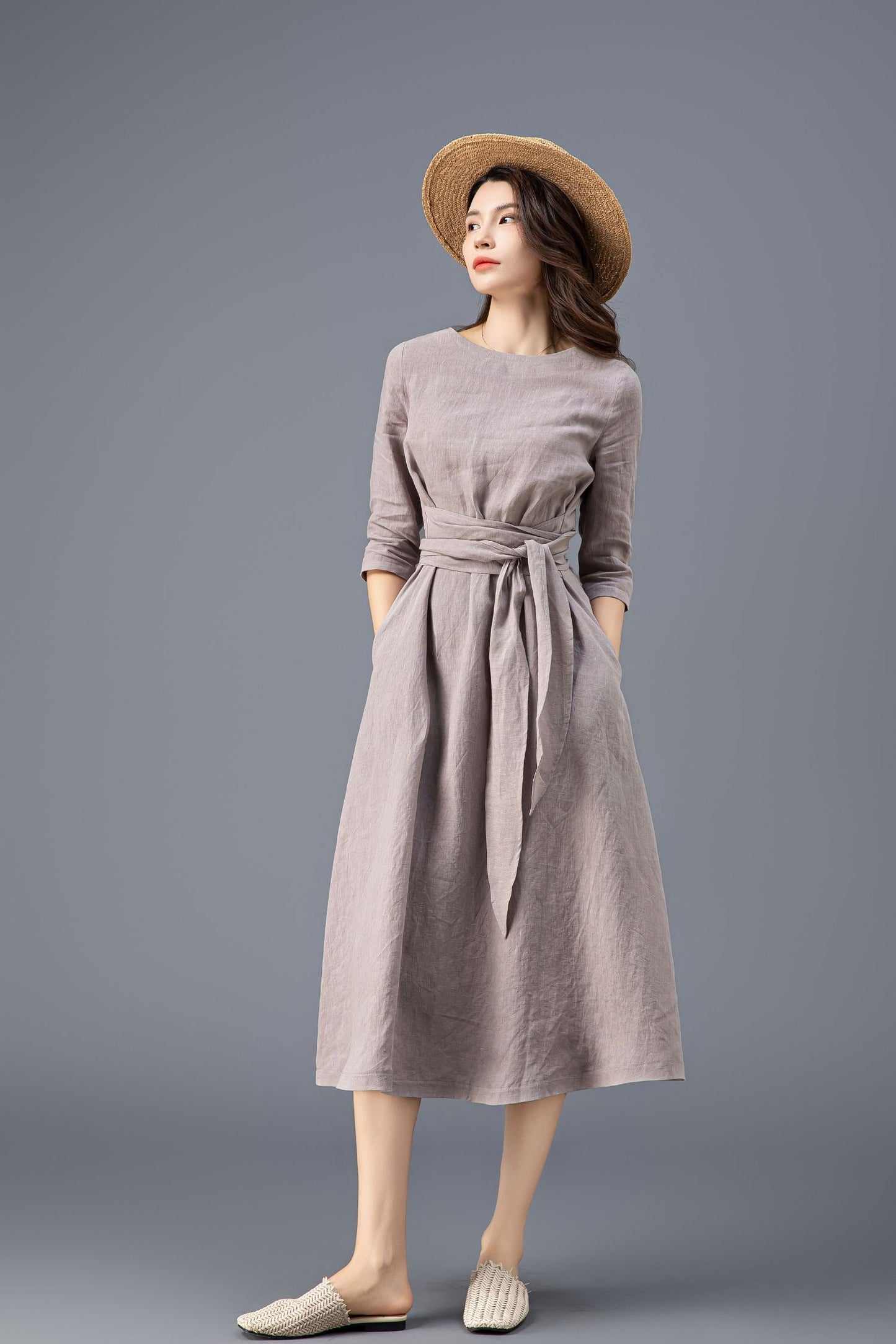 Women's Grey Linen belted Dress C3915
