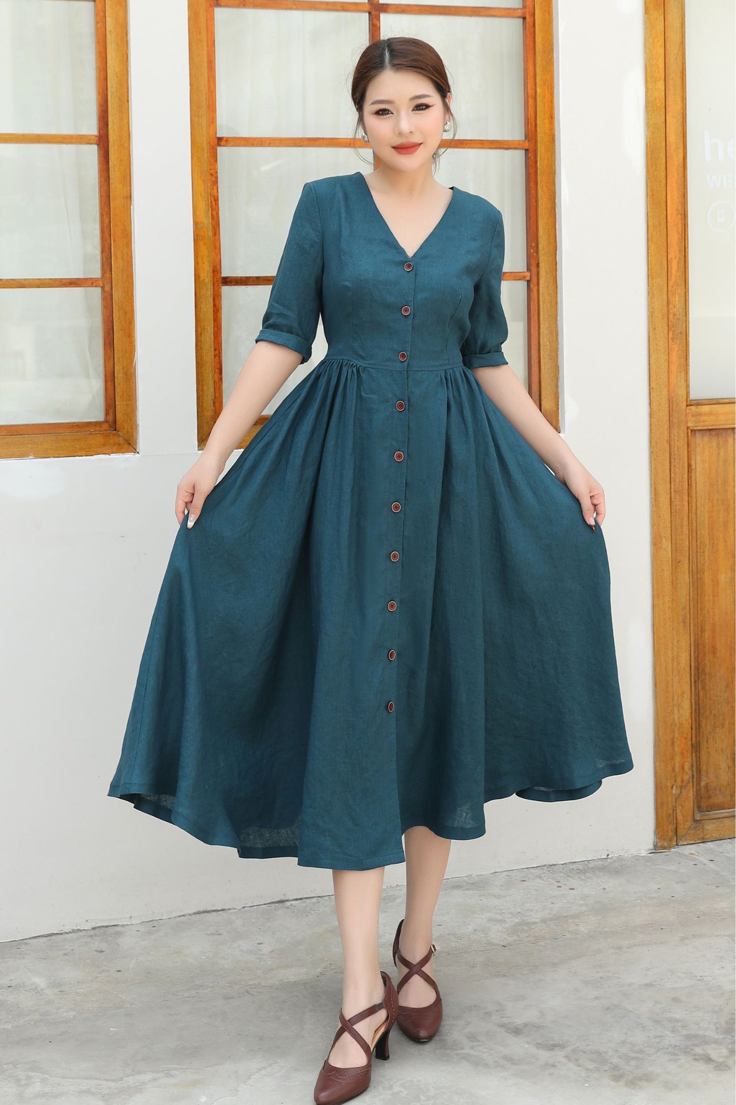 Button Front linen Midi dress c4839