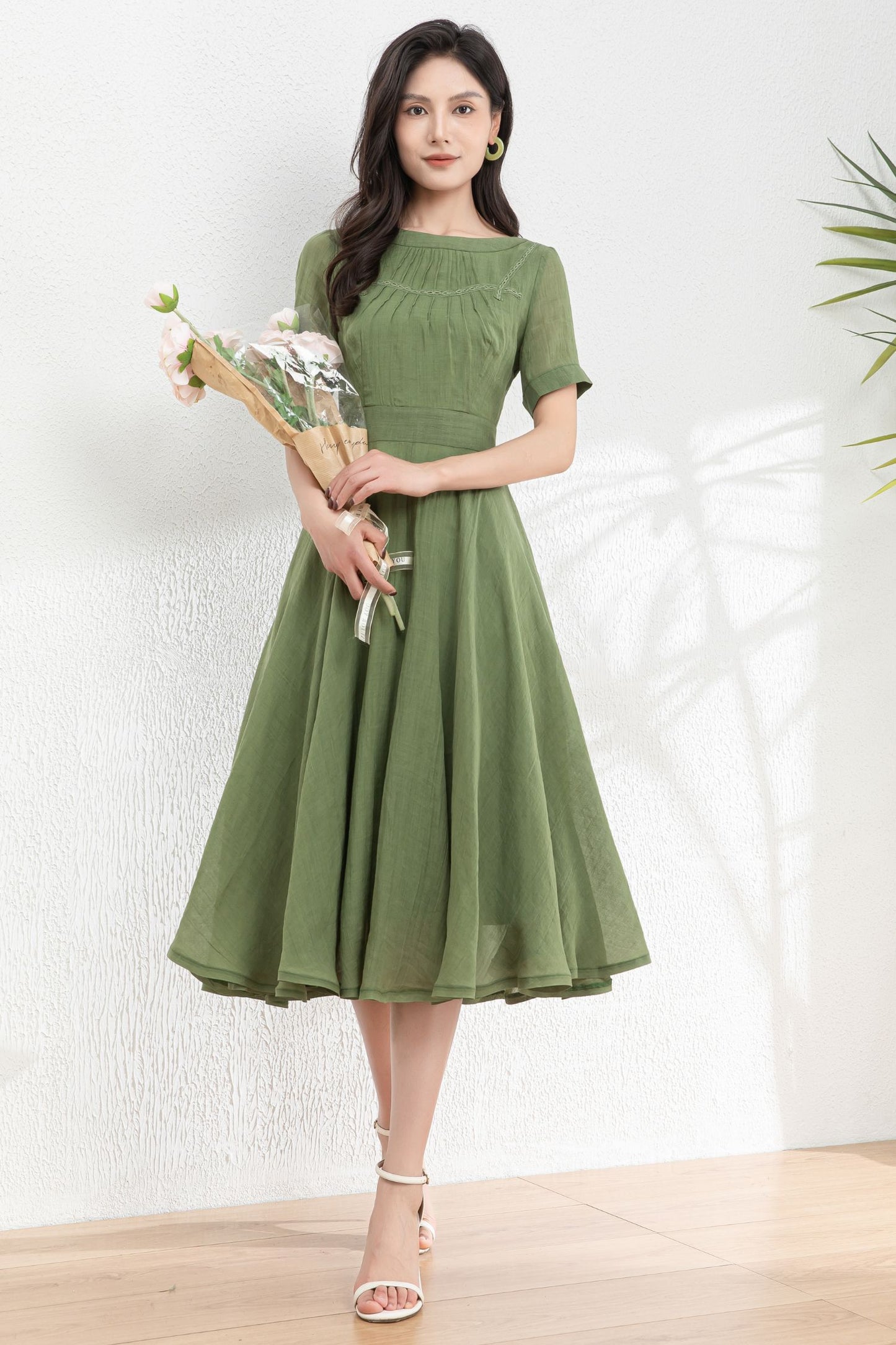 Green Women's swing Linen dress c4982