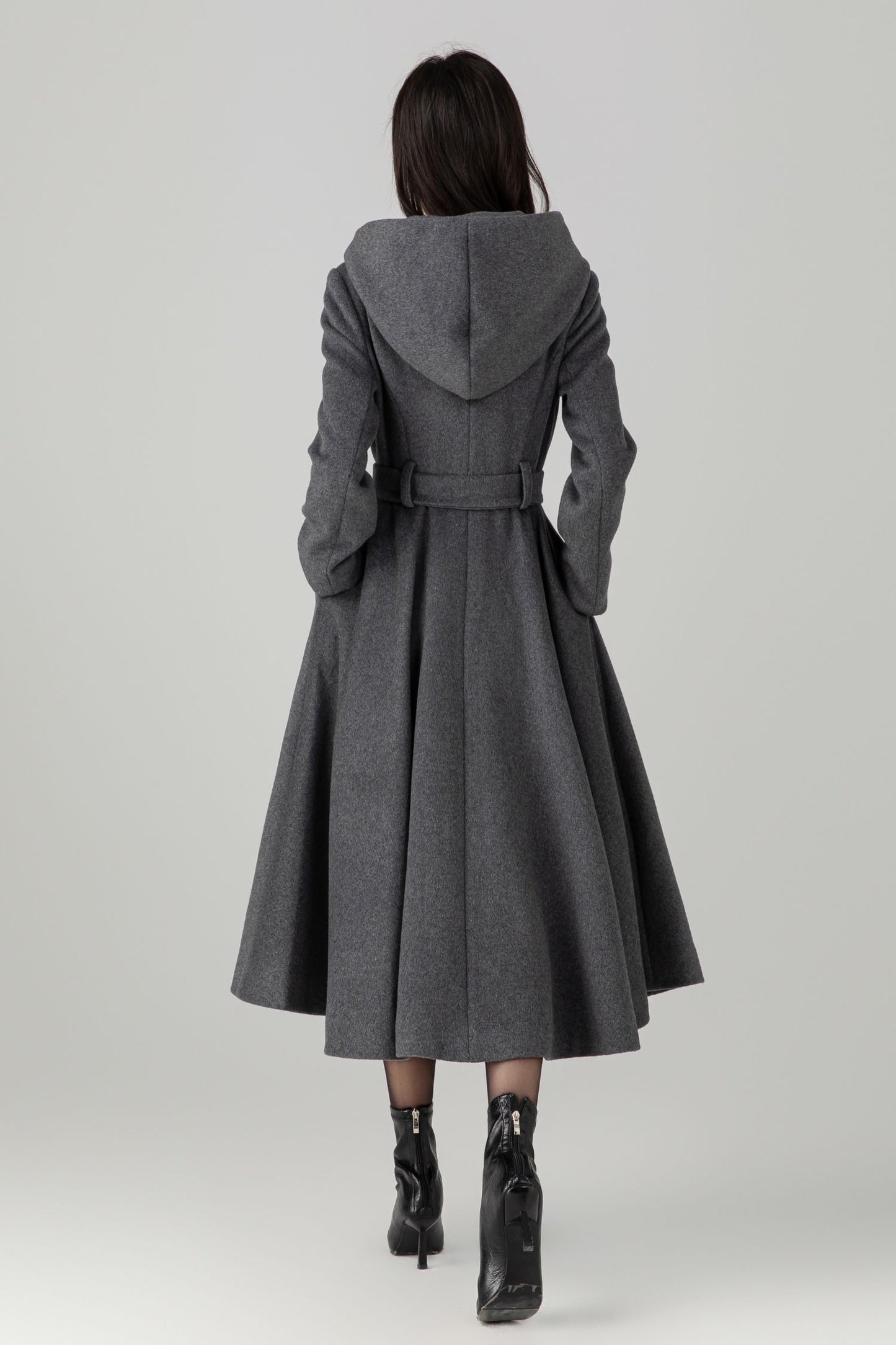 Swing gray long hooded wool coat C5269