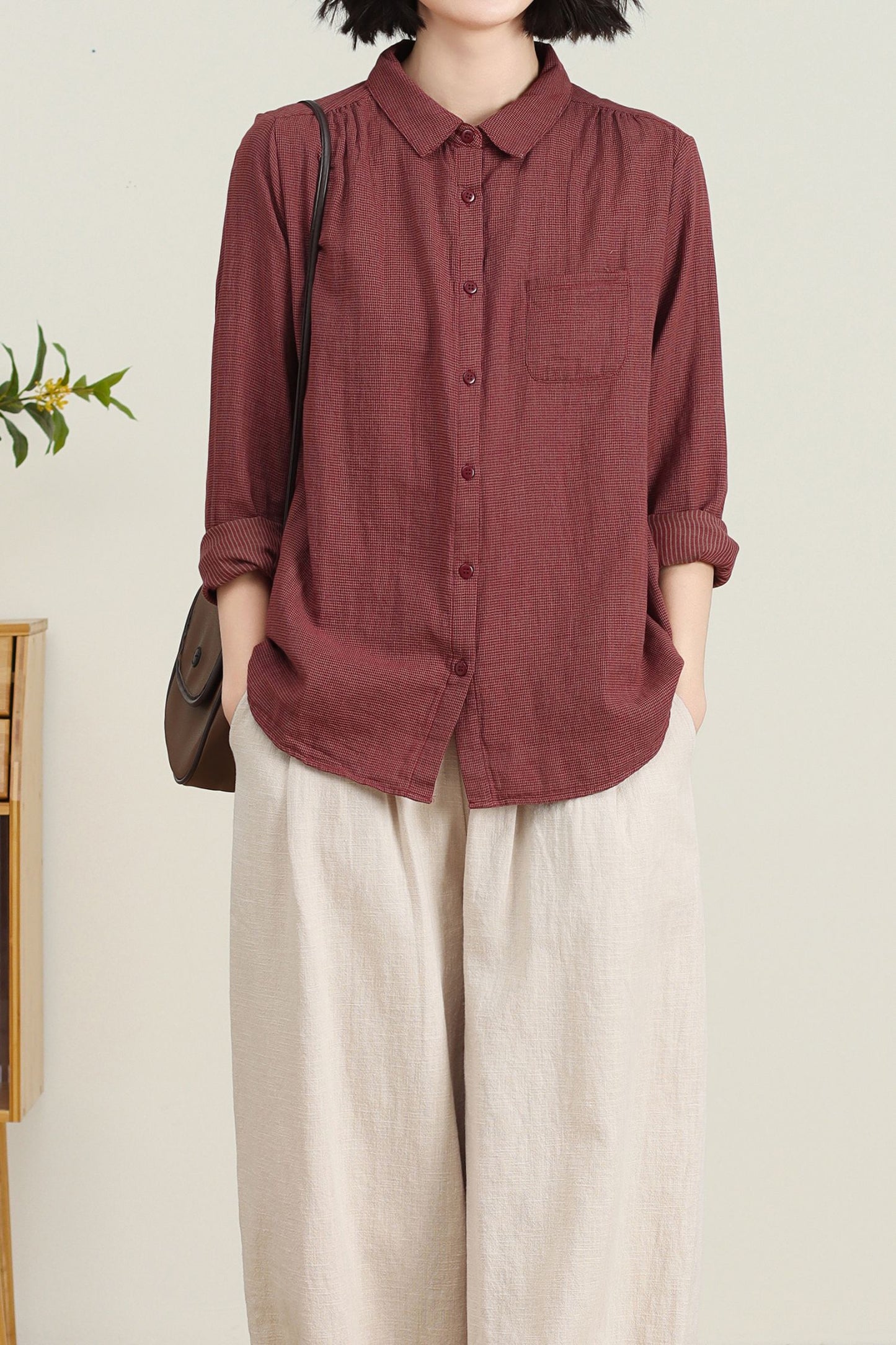 Loose fit plaid cotton blouse for women C4738