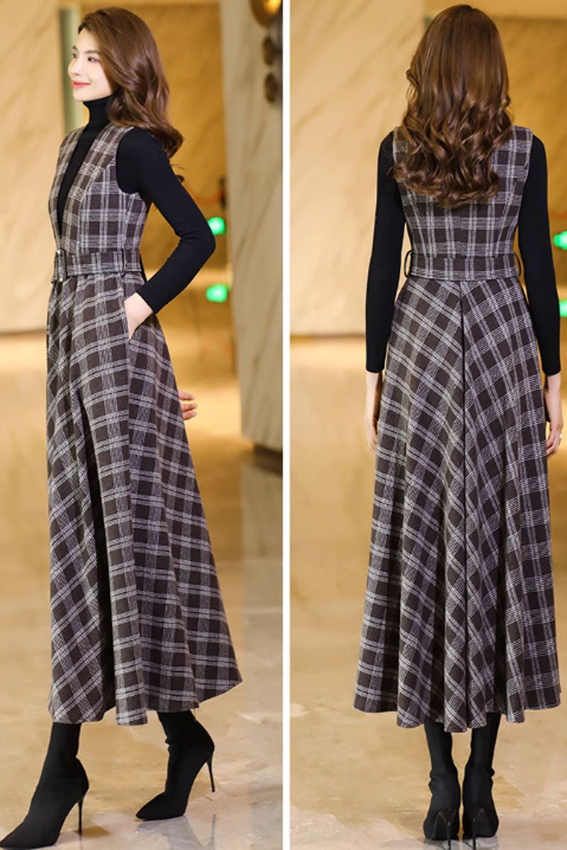maxi plaid long wool pinafore dress C3737