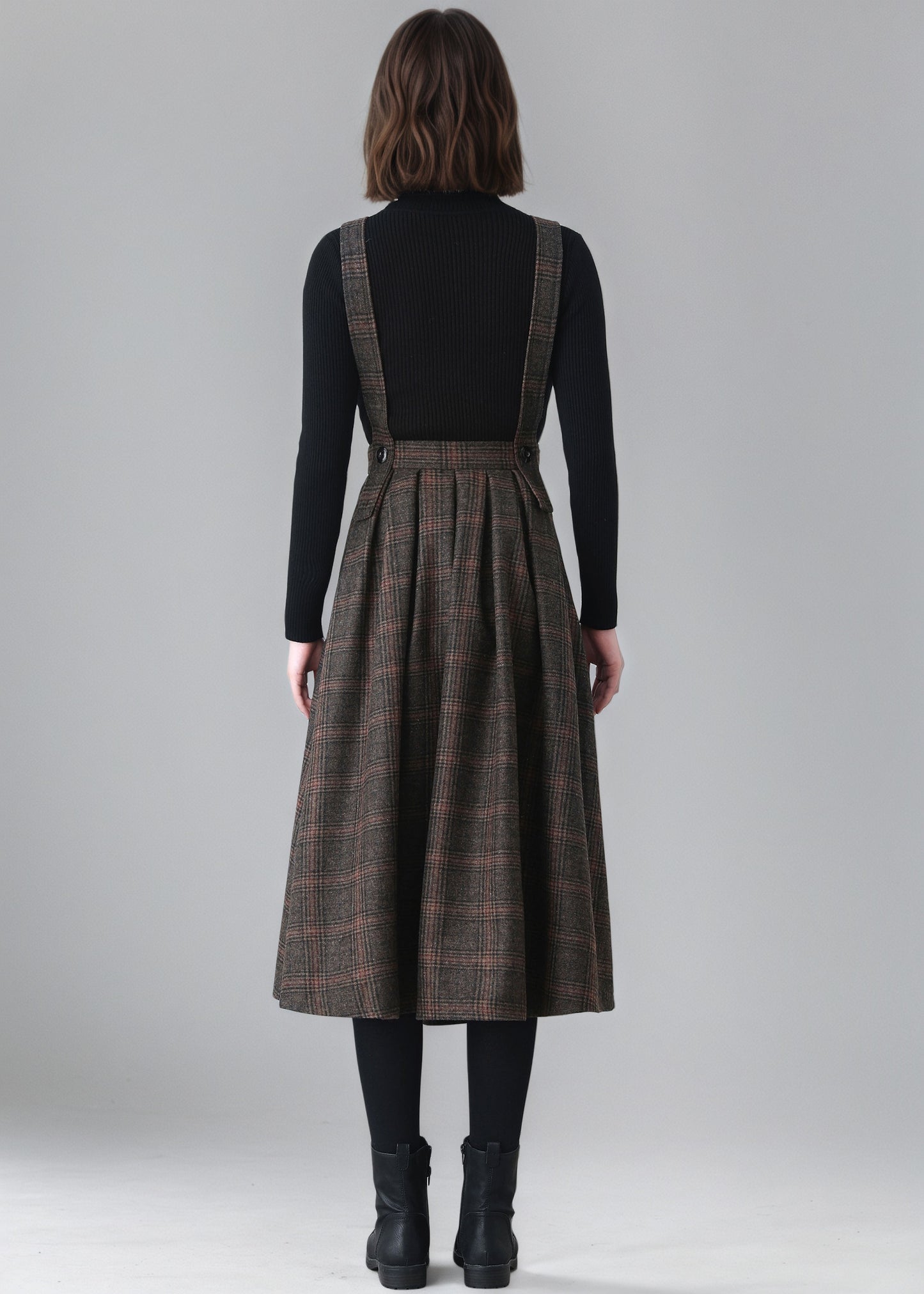 Plaid Wool Pinafore Pleated Dress,Winter Wool dress women C5151