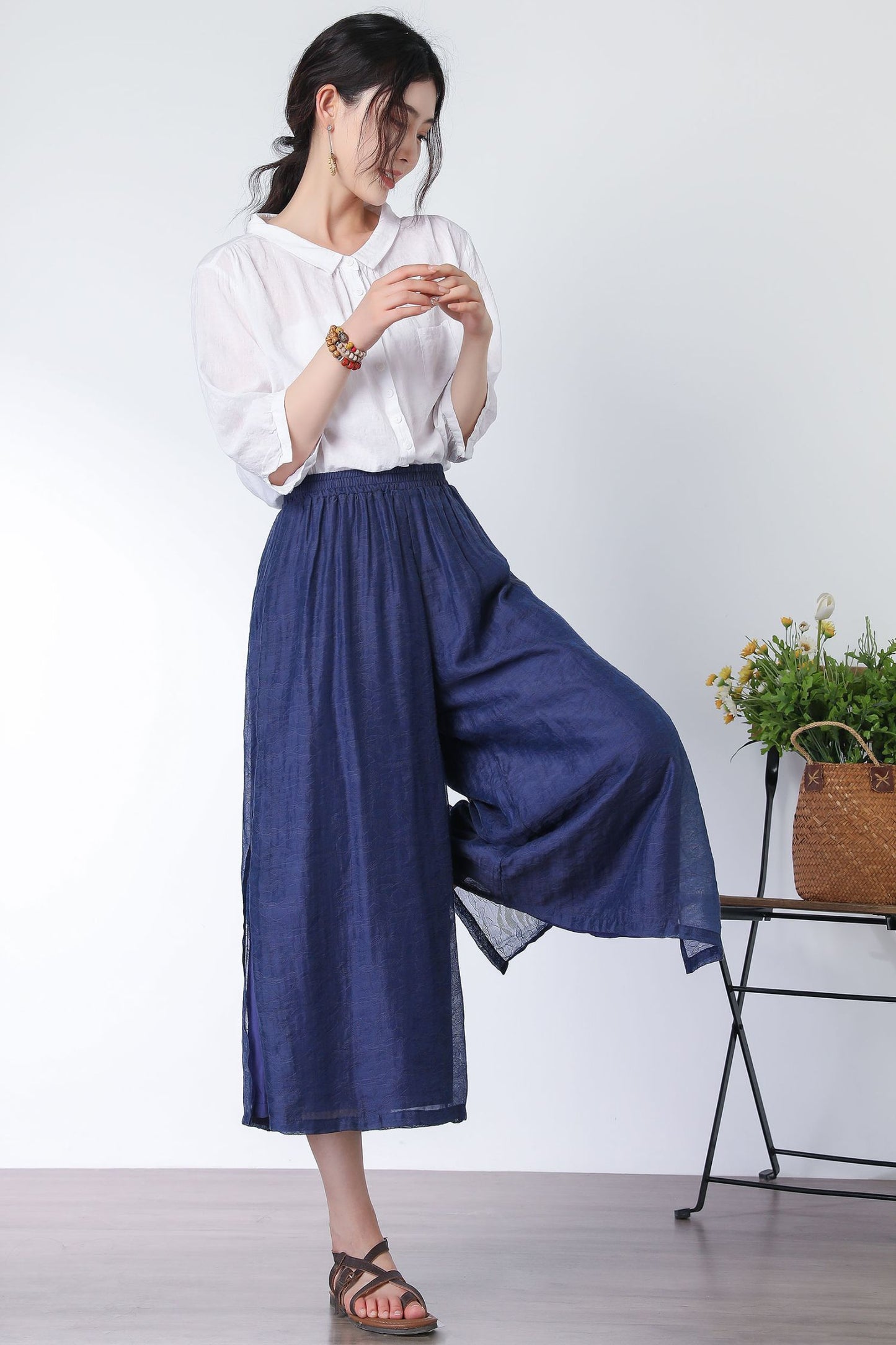 Navy wide legs elastic waist pants C3330