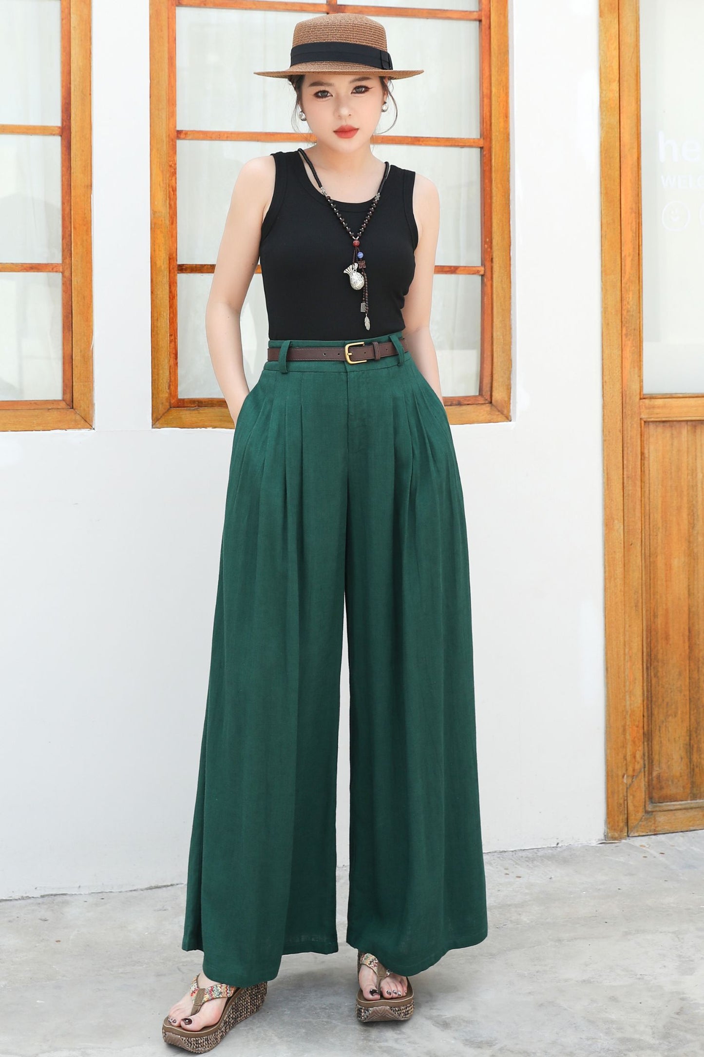 Wide leg green linen pants c4836