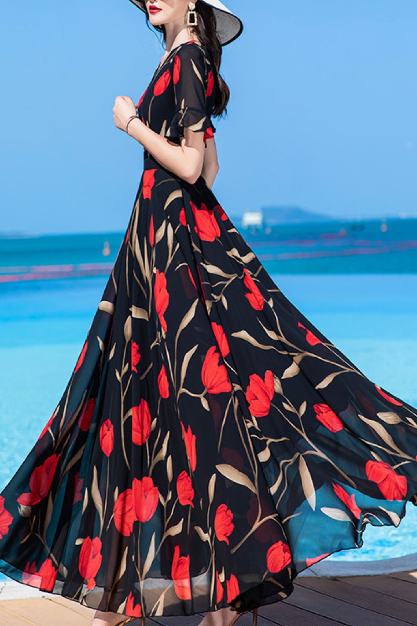 Floor-length summer new French long chiffon dress women C4031