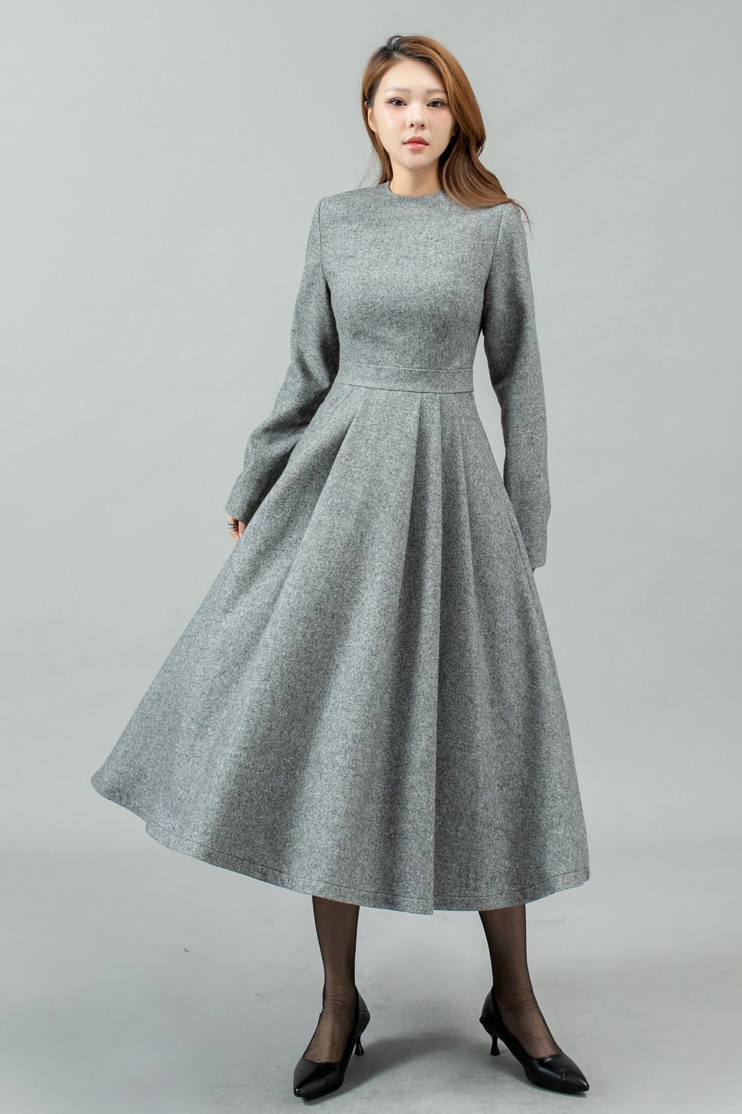 Women Swing Long Winter Wool Dress C4442