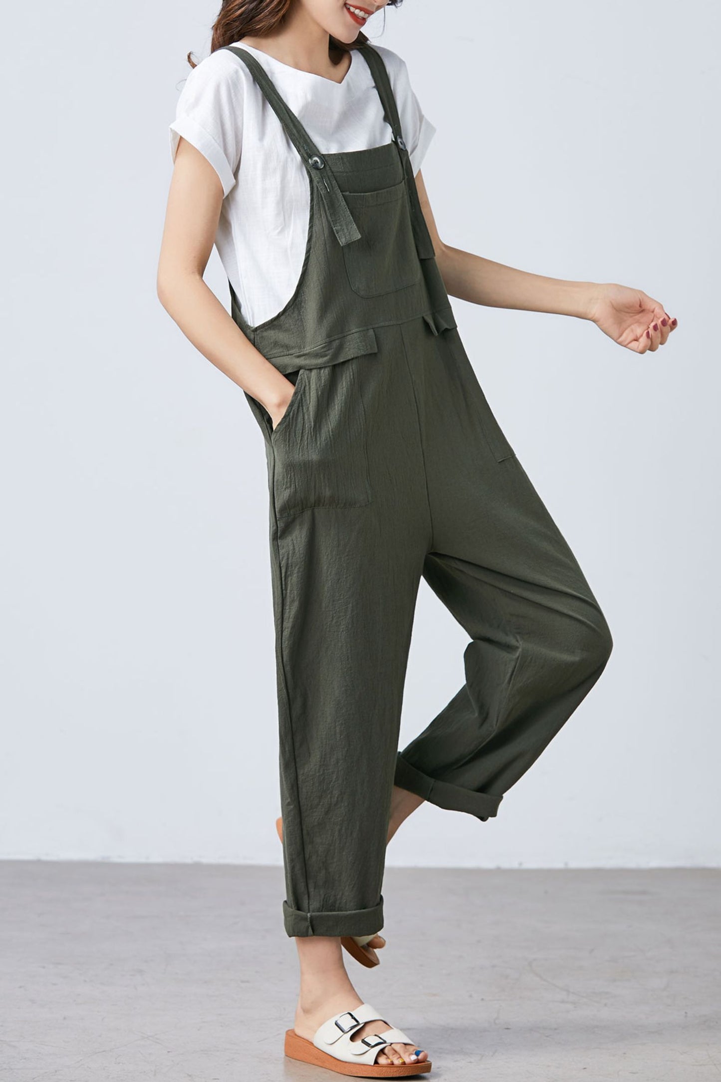 Summer green linen jumpsuit women C1697
