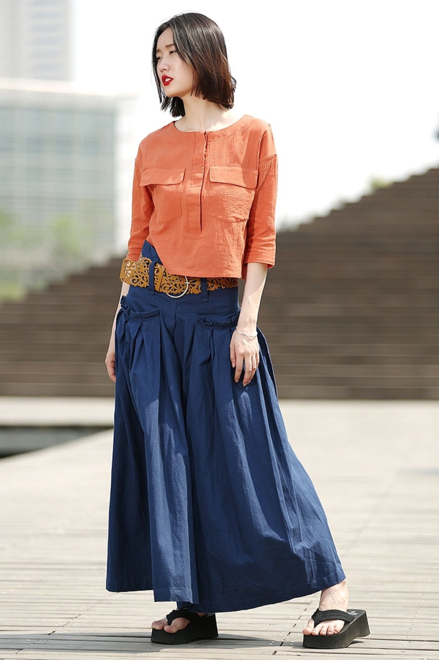 Blue Linen Maxi Summer Skirt with Deep Waistband & Pockets C364