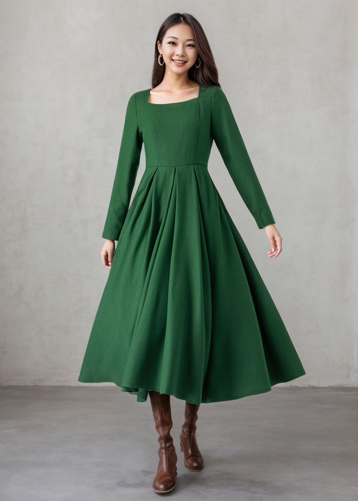 Green Wool Womens Winter Dresses C4336