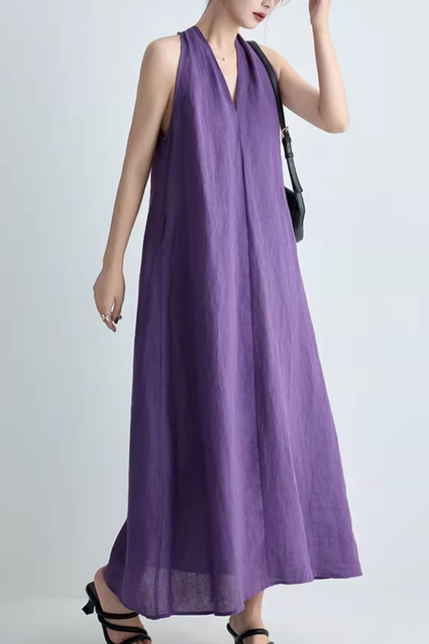 Purple loose fitting summer linen dress C5064