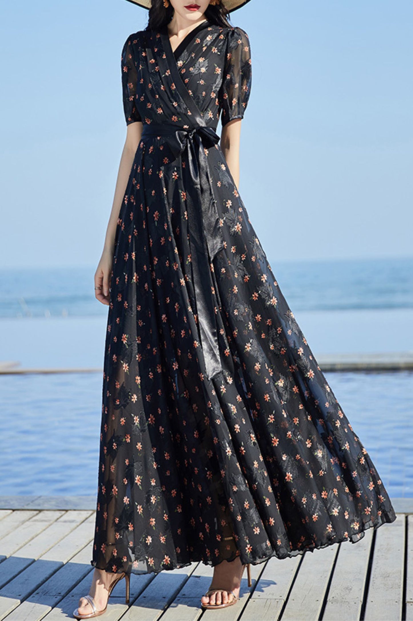 Black floral chiffon dress C4086