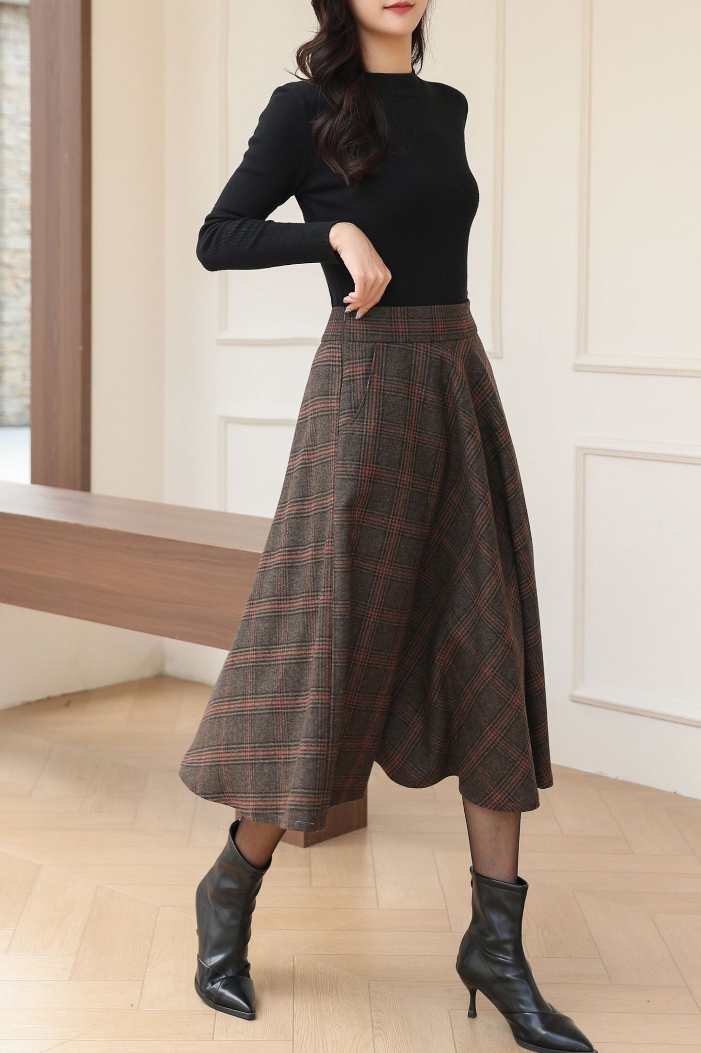 Classic A-Line Wool Plaid Skirt for Autumn Winter C5185