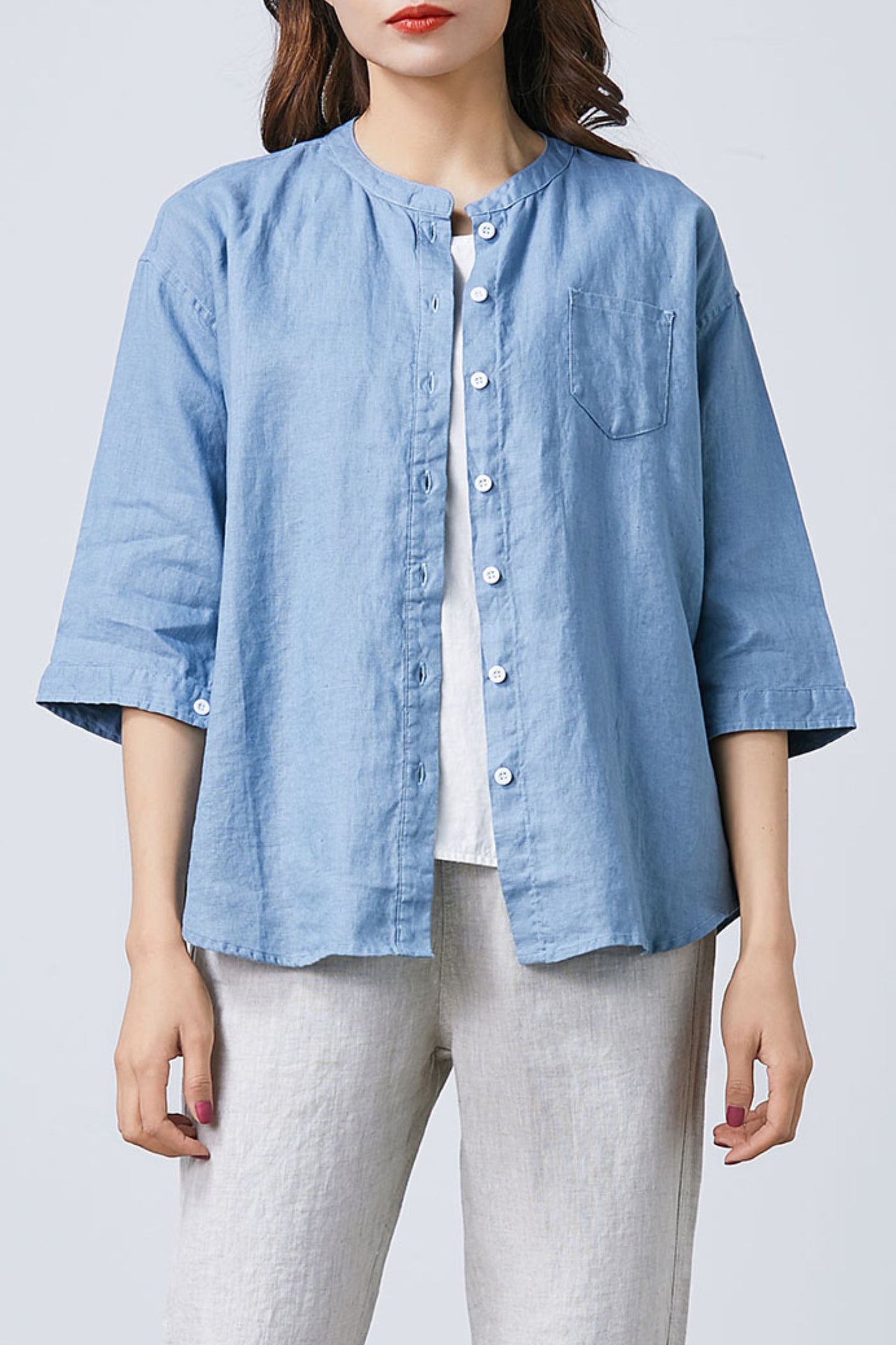 Blue Linen Button Up Shirt C1671