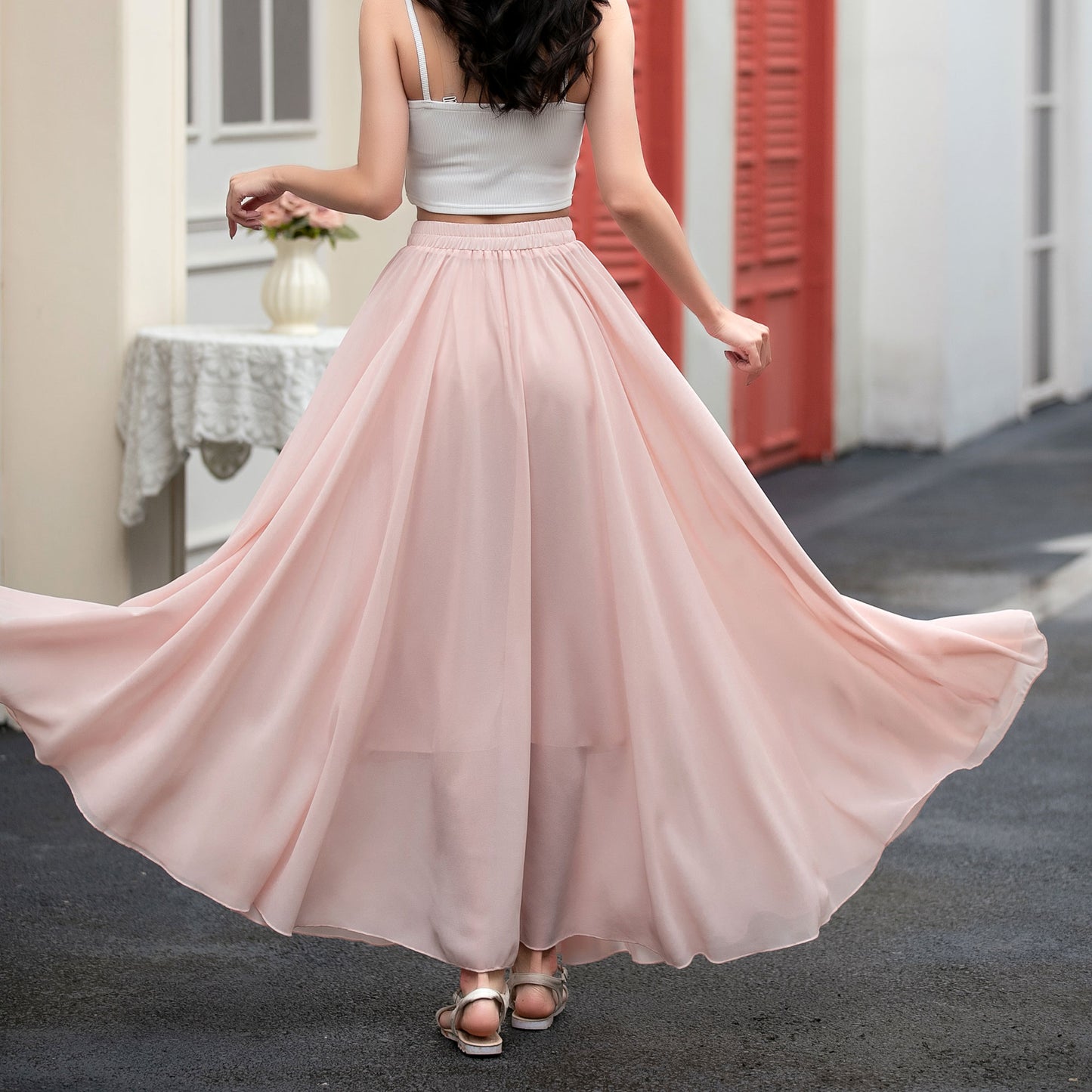 A line pink long chiffon skirt women C5034
