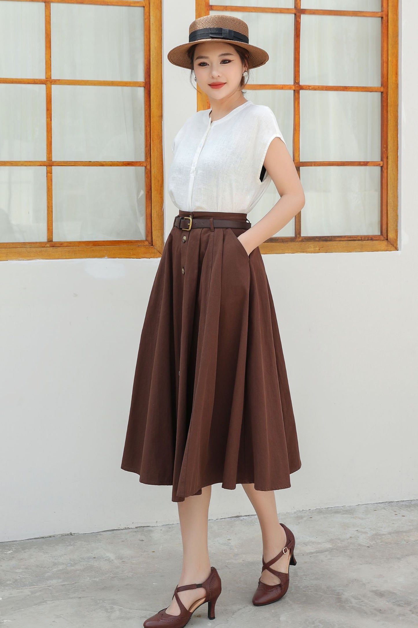 Button down midi Linen skirt c4834
