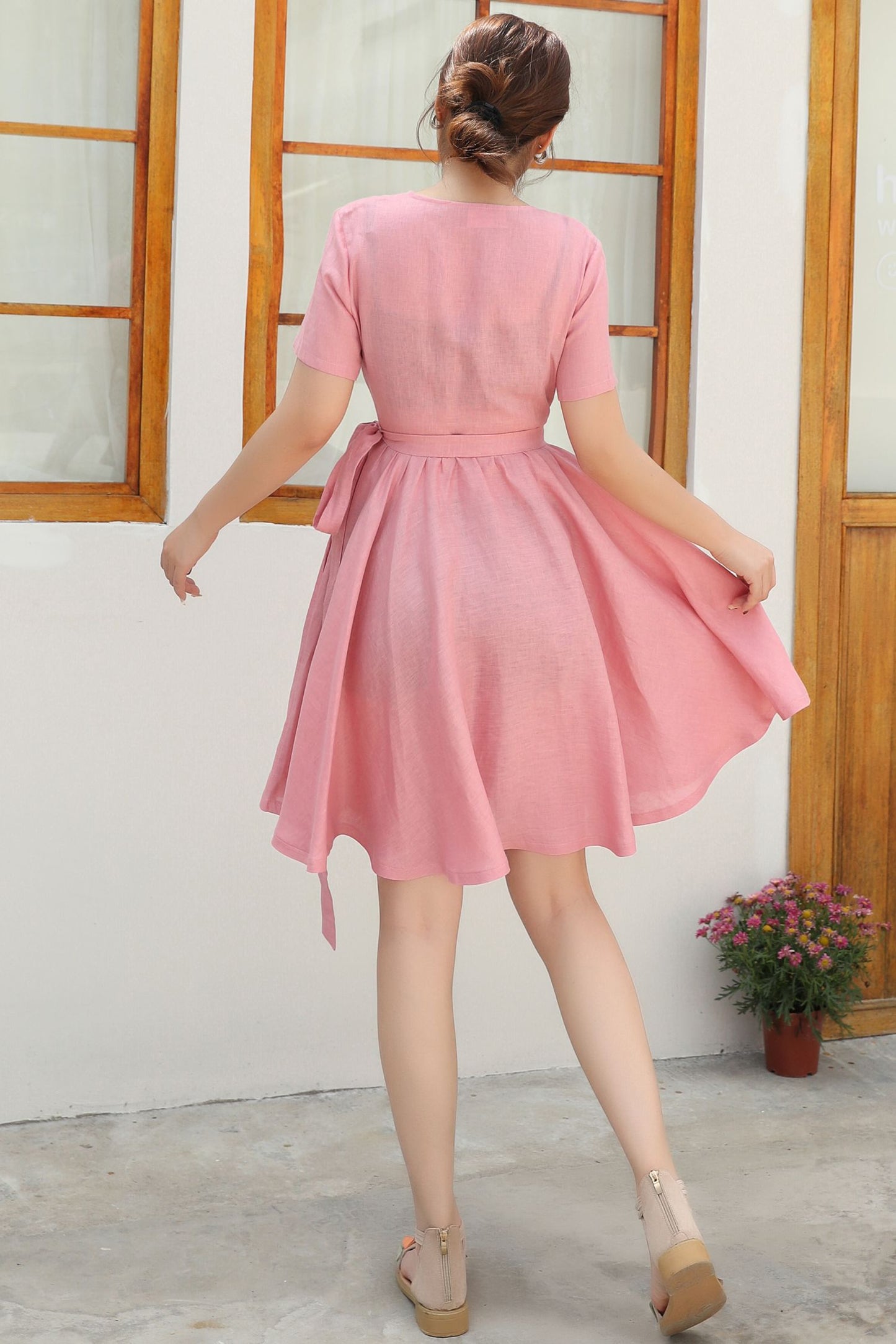Pink Wrap summer Linen dress c4837