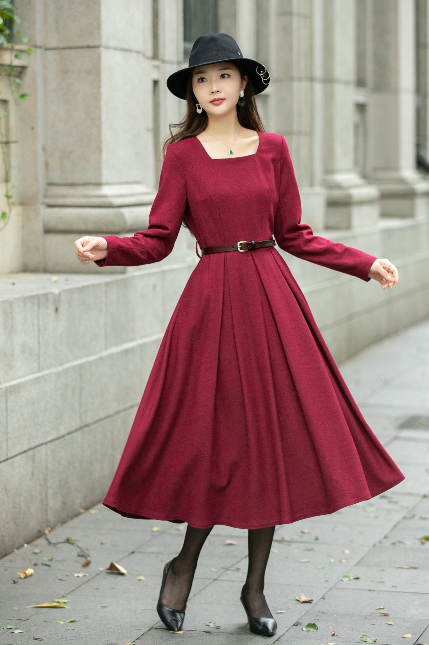 Red classic winter wool dress women C4500