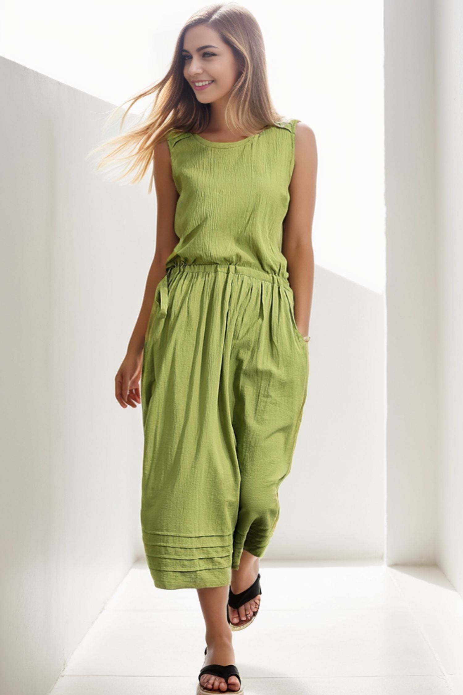 Olive Green Linen Sleeveless Summer Dress C293 YLISTYLE Olive Green Linen Sleeveless Summer Dress C293 YLISTYLE