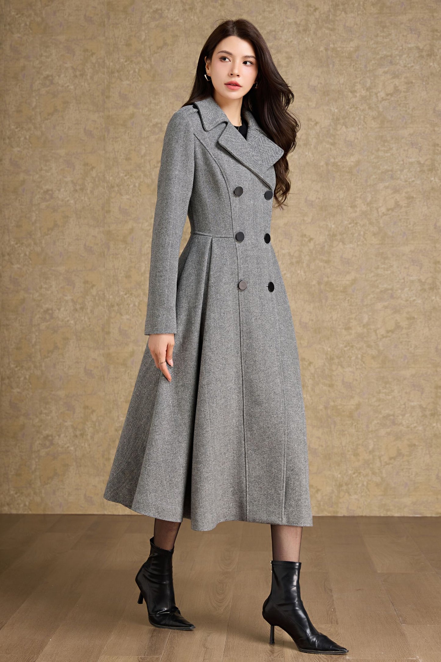 Fit and flare long wool coat women C4477