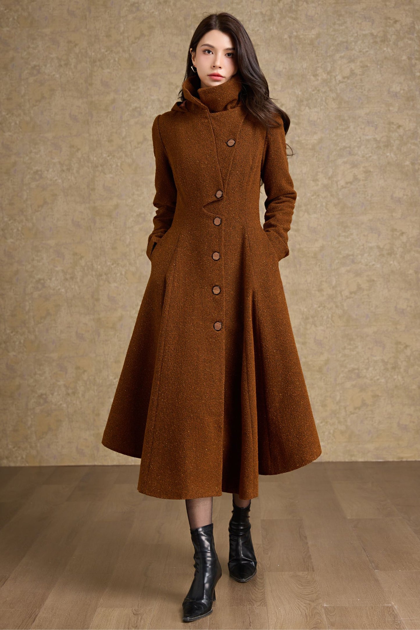 Asymmetrical hooded winter wool coat - C4475