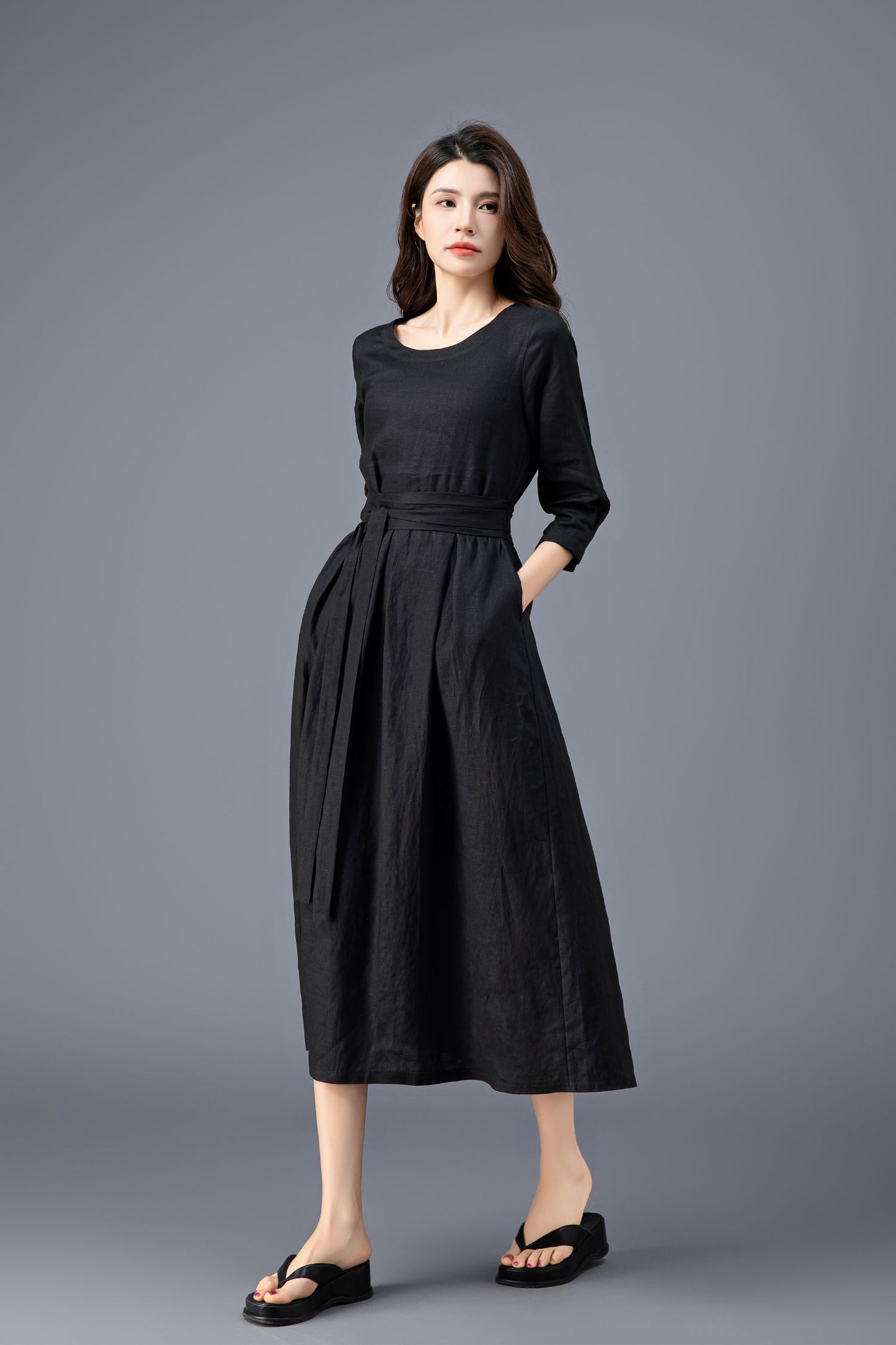 Women's Casual Belted  Black Linen Dress C3911