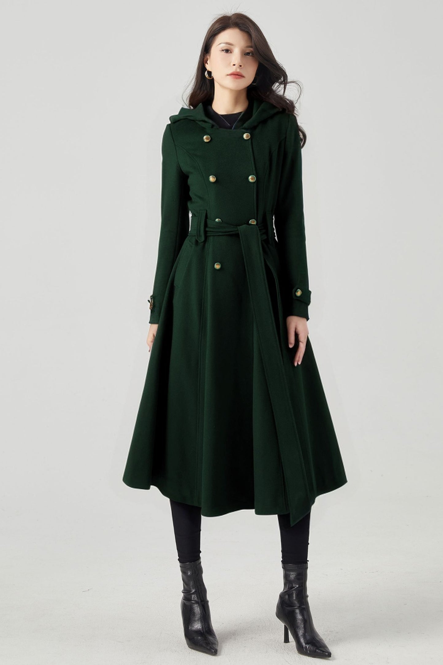 Double Breasted Hooded Wool Coat C3569