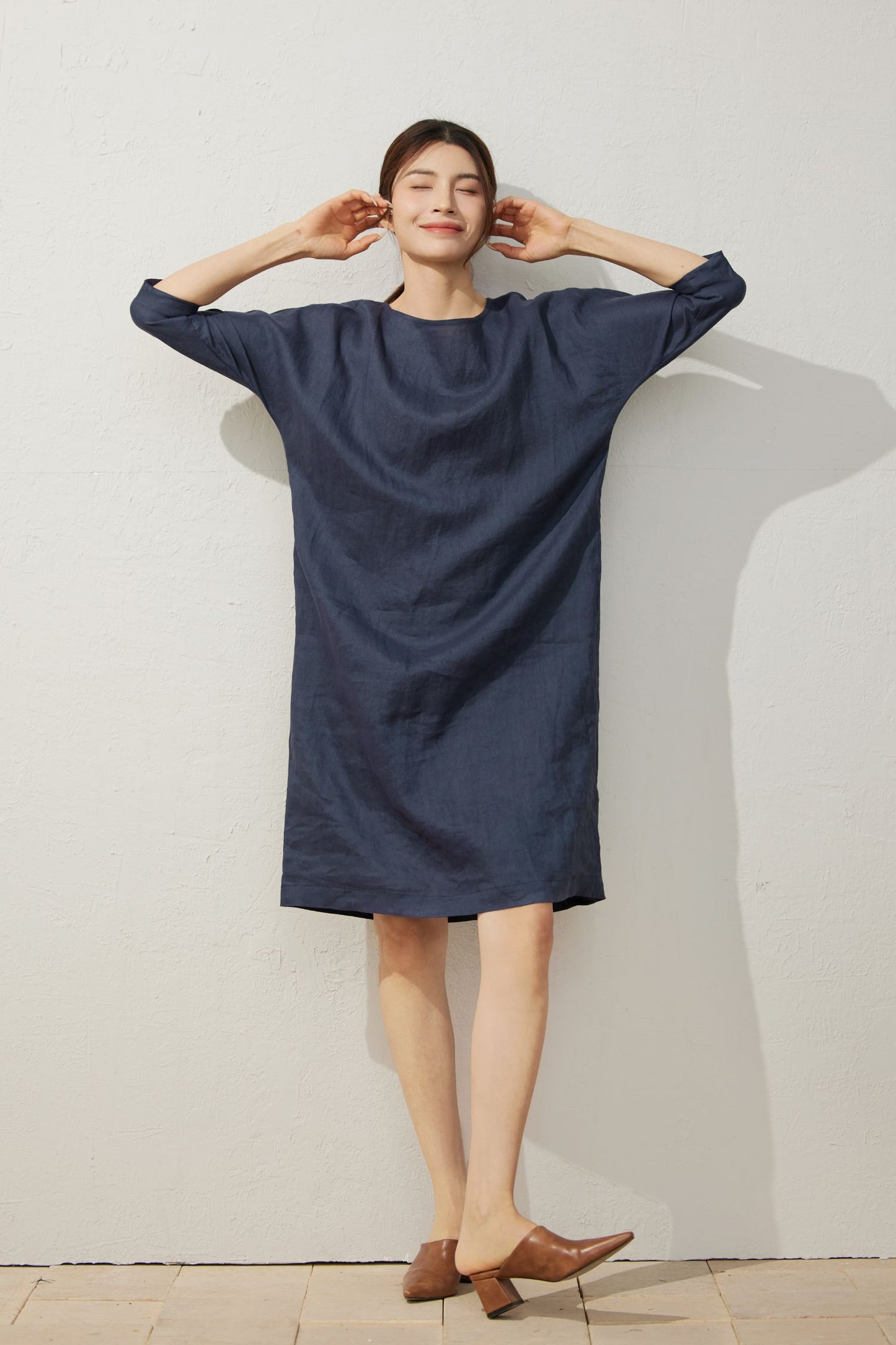 Elegant Navy Blue Linen Dress C3927