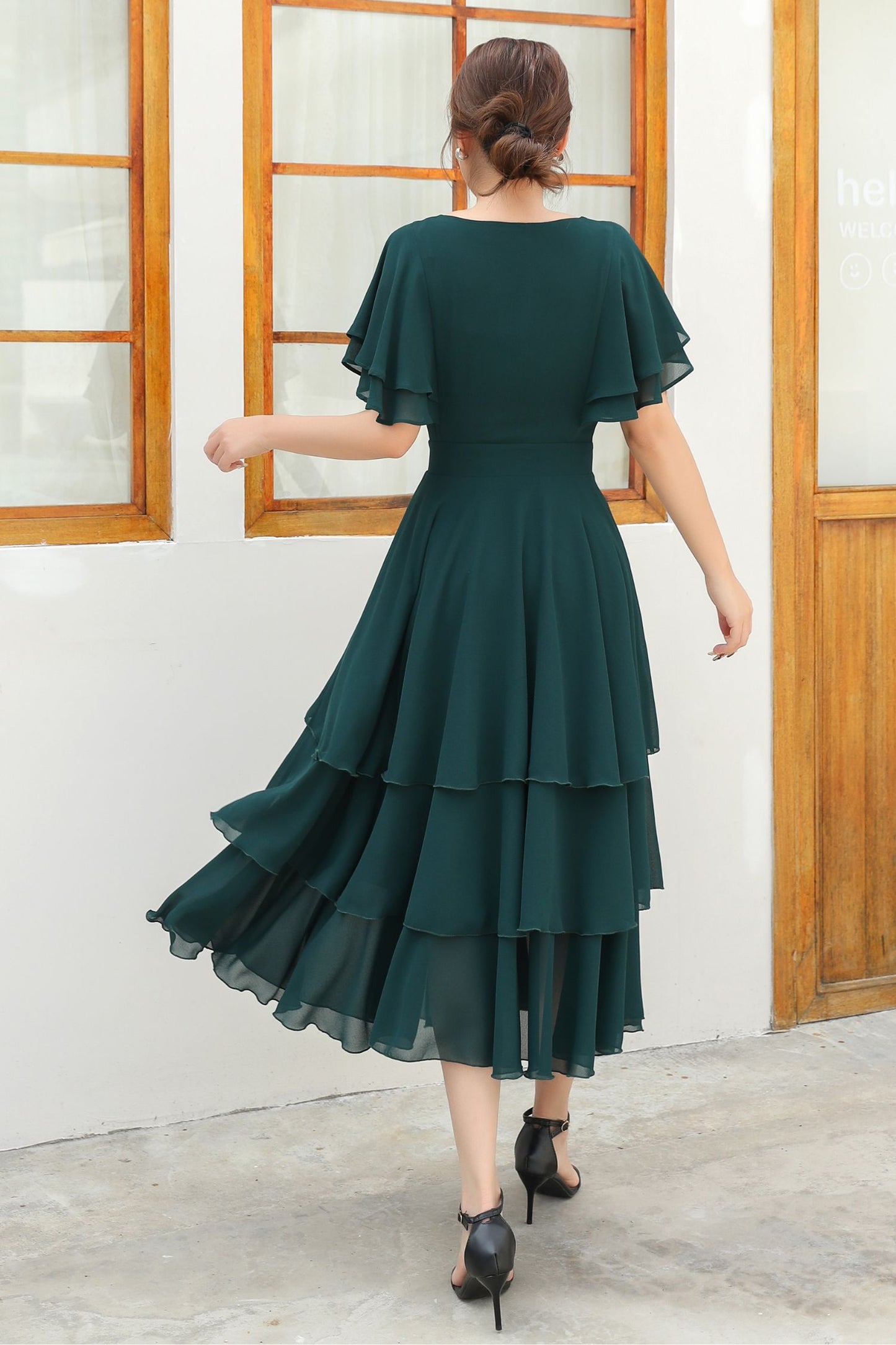 Green ruffle chiffon dress women C4832
