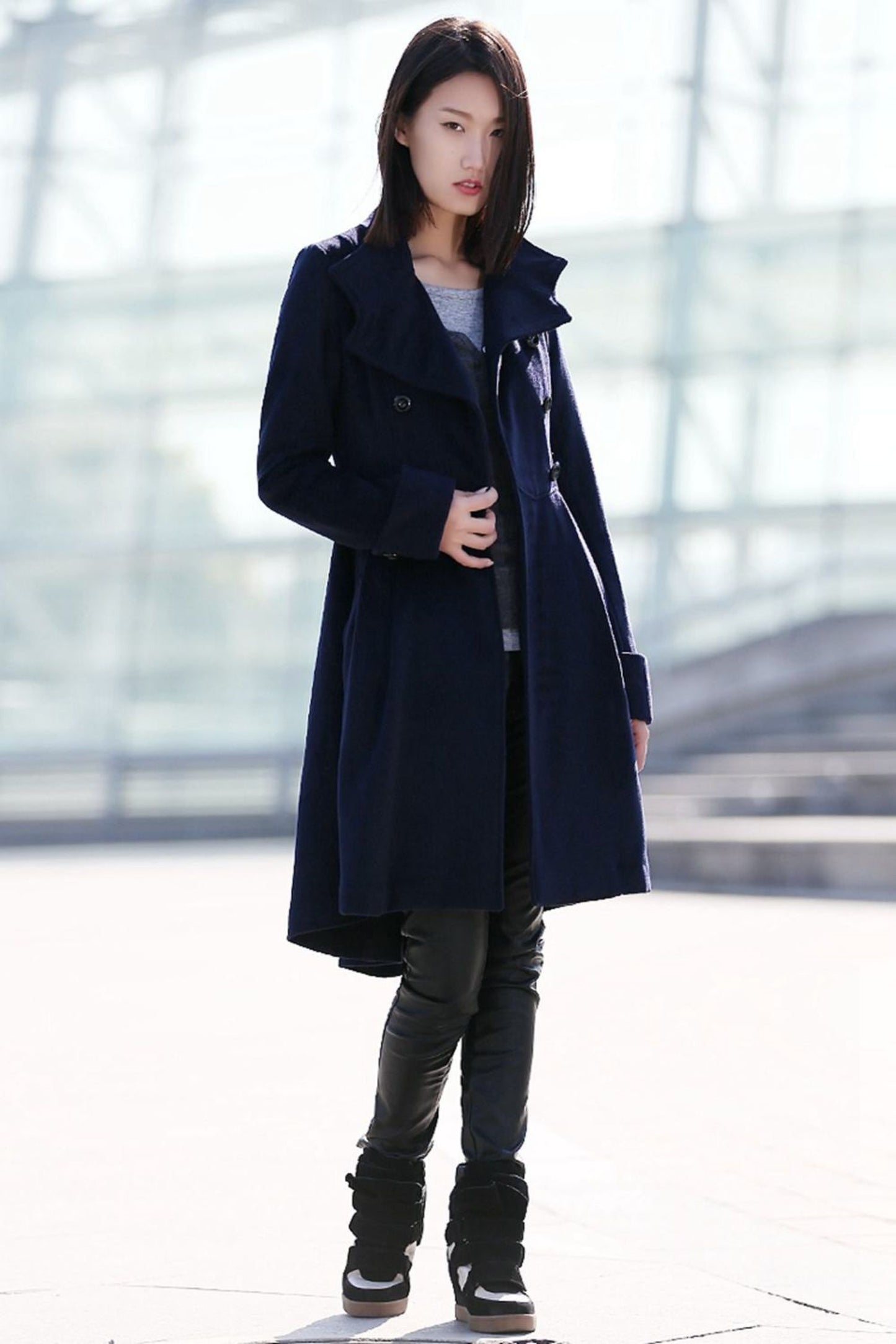 Navy blue winter midi warm winter coat C164