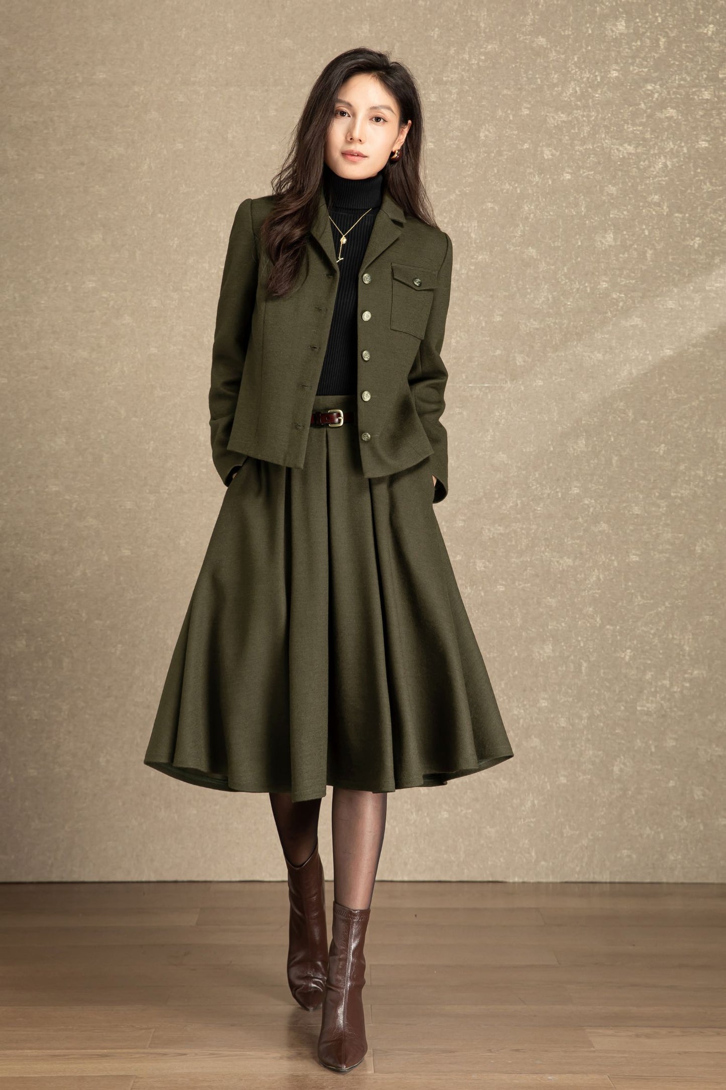 Army green pleating winter wool skirt C4486