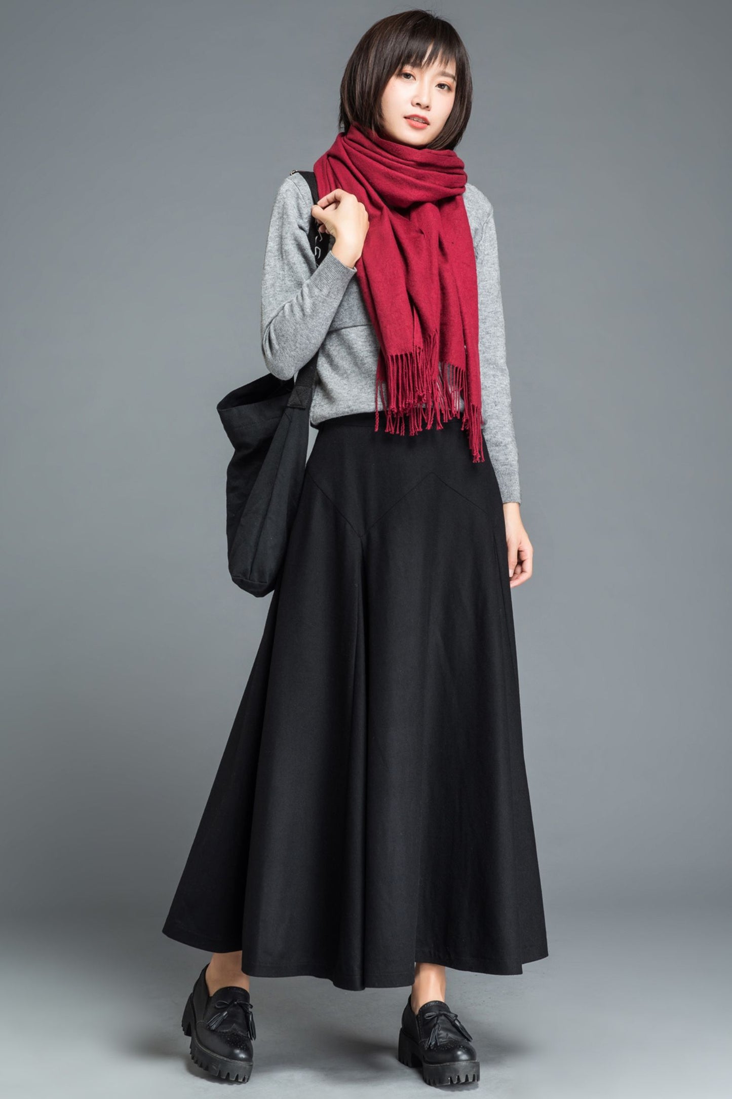 Maxi black winter long wool skirt women C1209