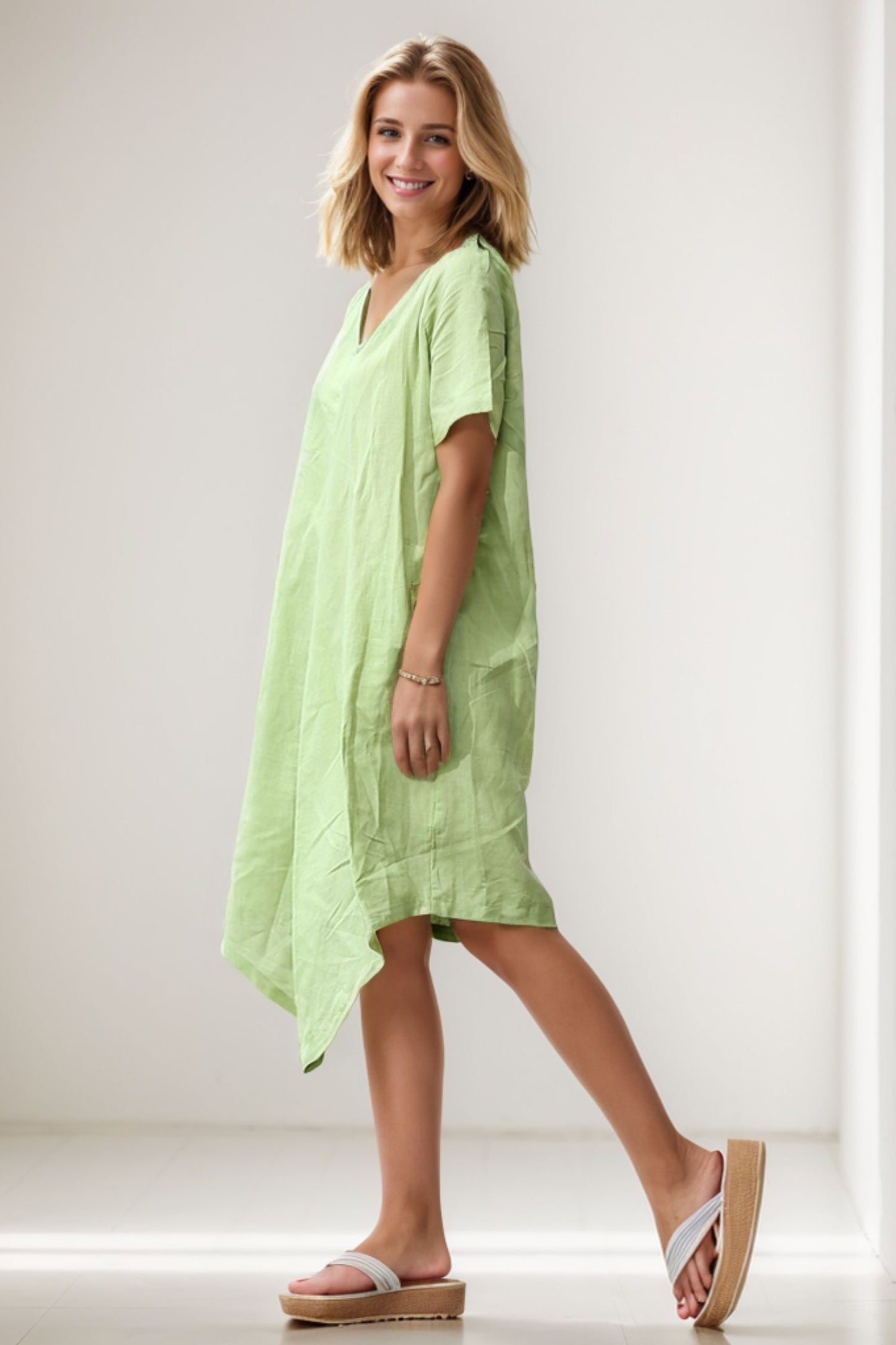 Midi Linen Dress in green C273