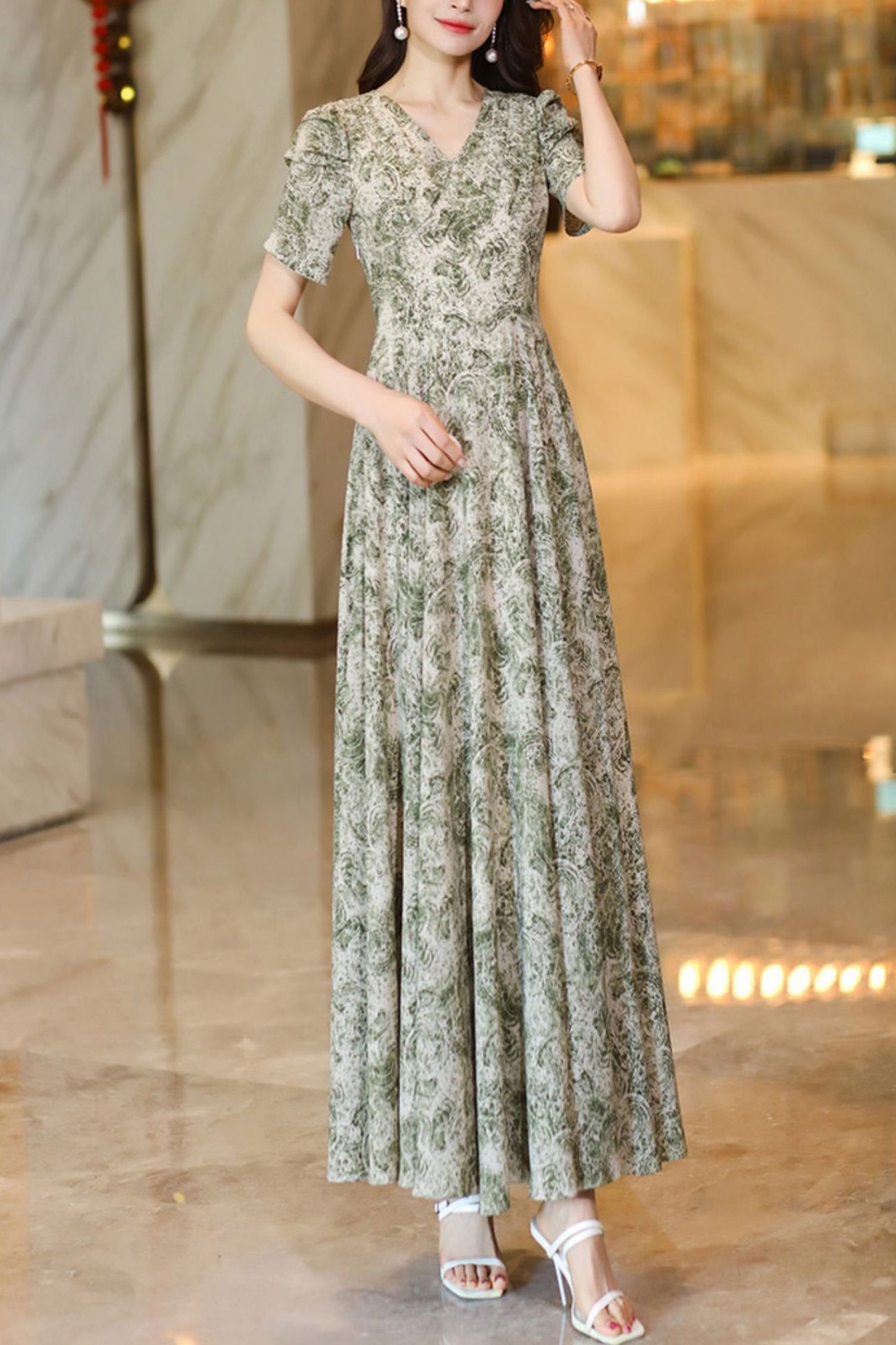 French summer white green dress C4117