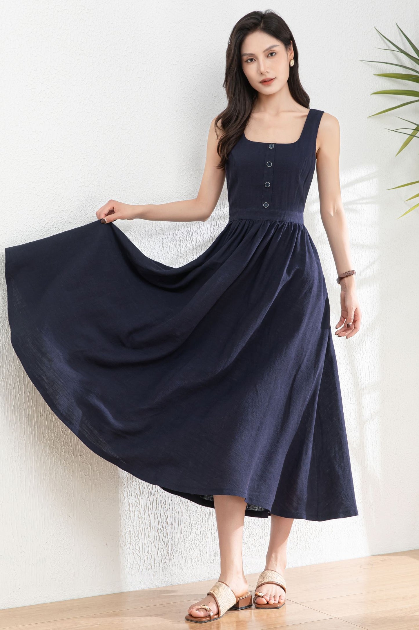 Square Neck Button Maxi Dress for Women c4984