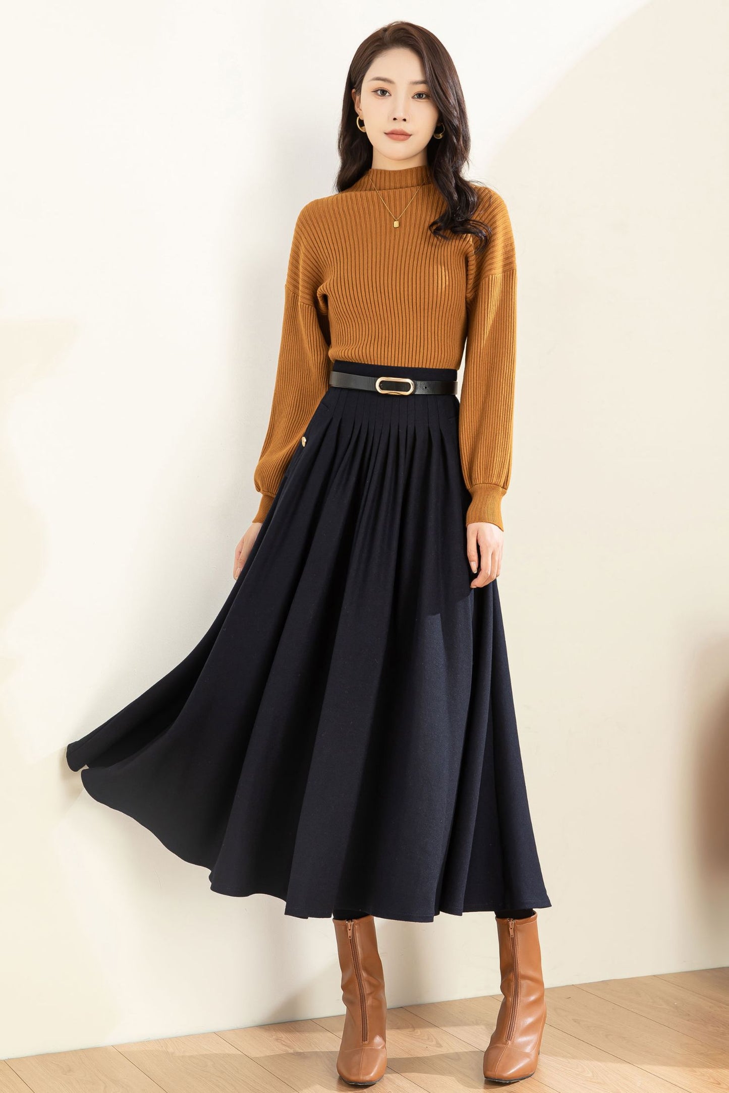 Navy Blue Wool Midi Skirt C3603