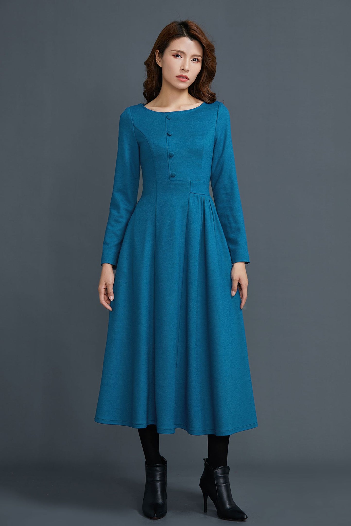Long sleeves blue midi wool dress women C1654