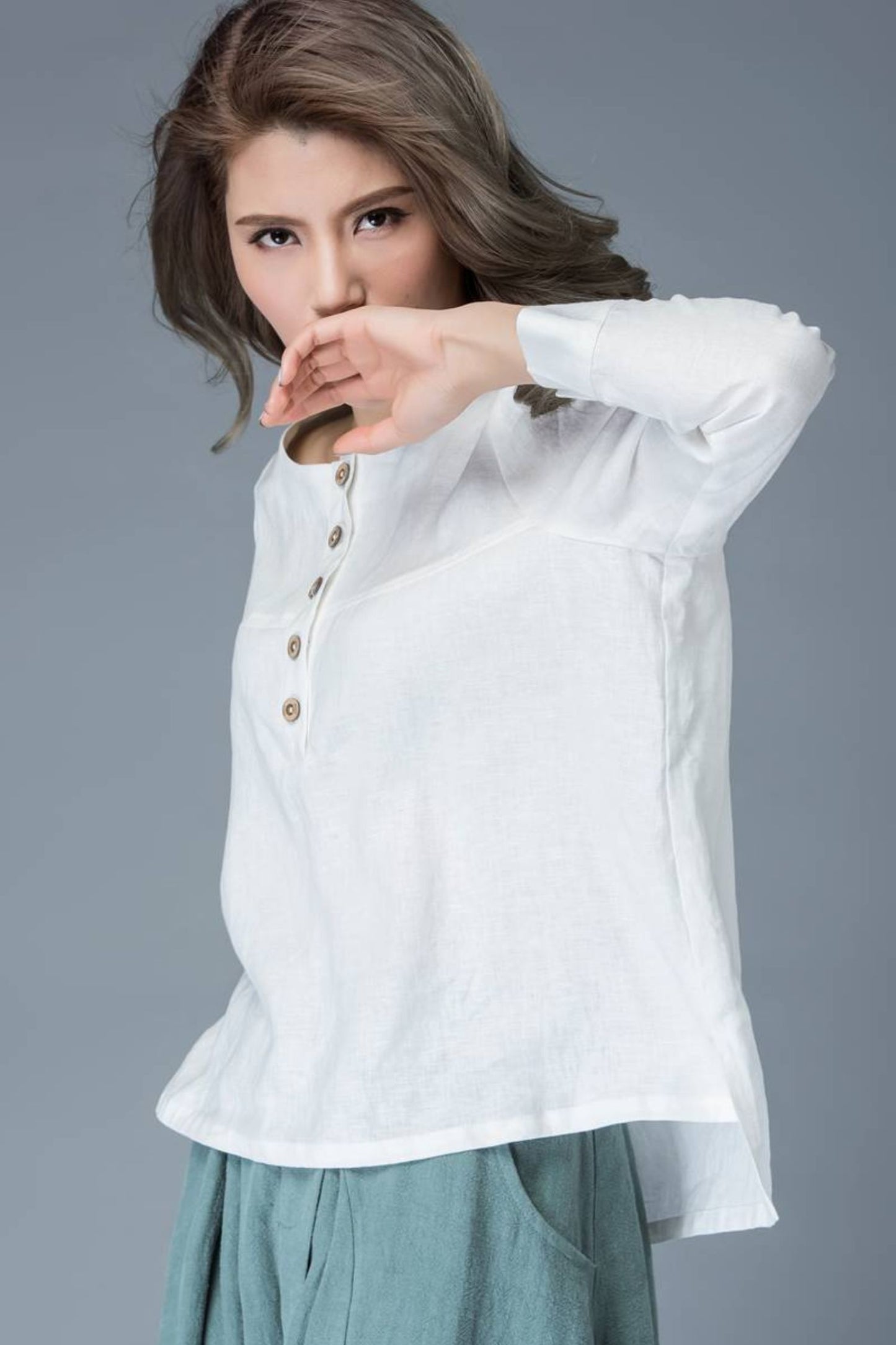 White linen causal womens long sleeves blouse C834