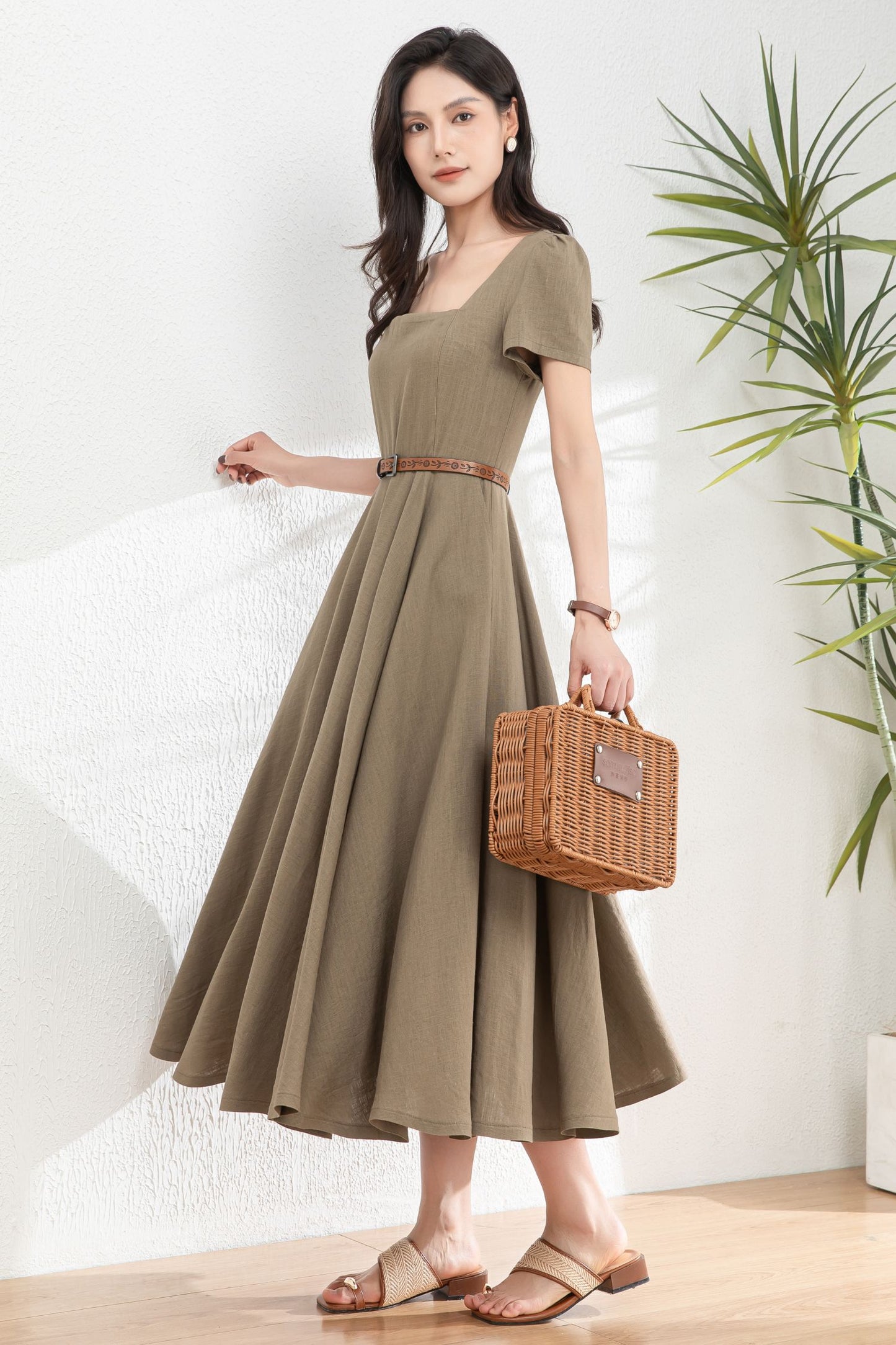 Womens Summer Green Linen Dress c4985