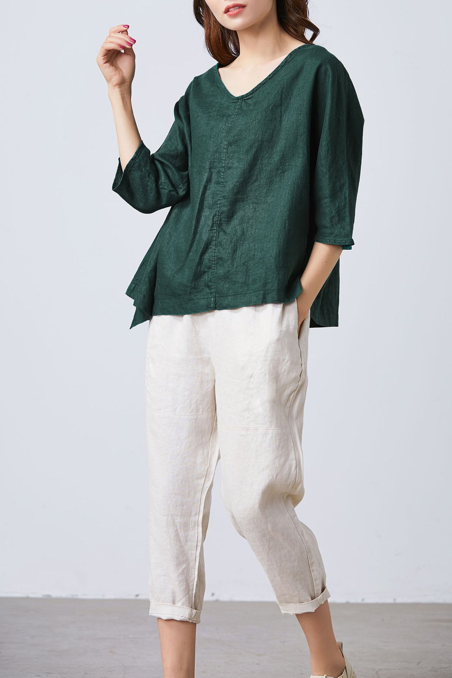 Women's Casual Green Linen Tops C4858