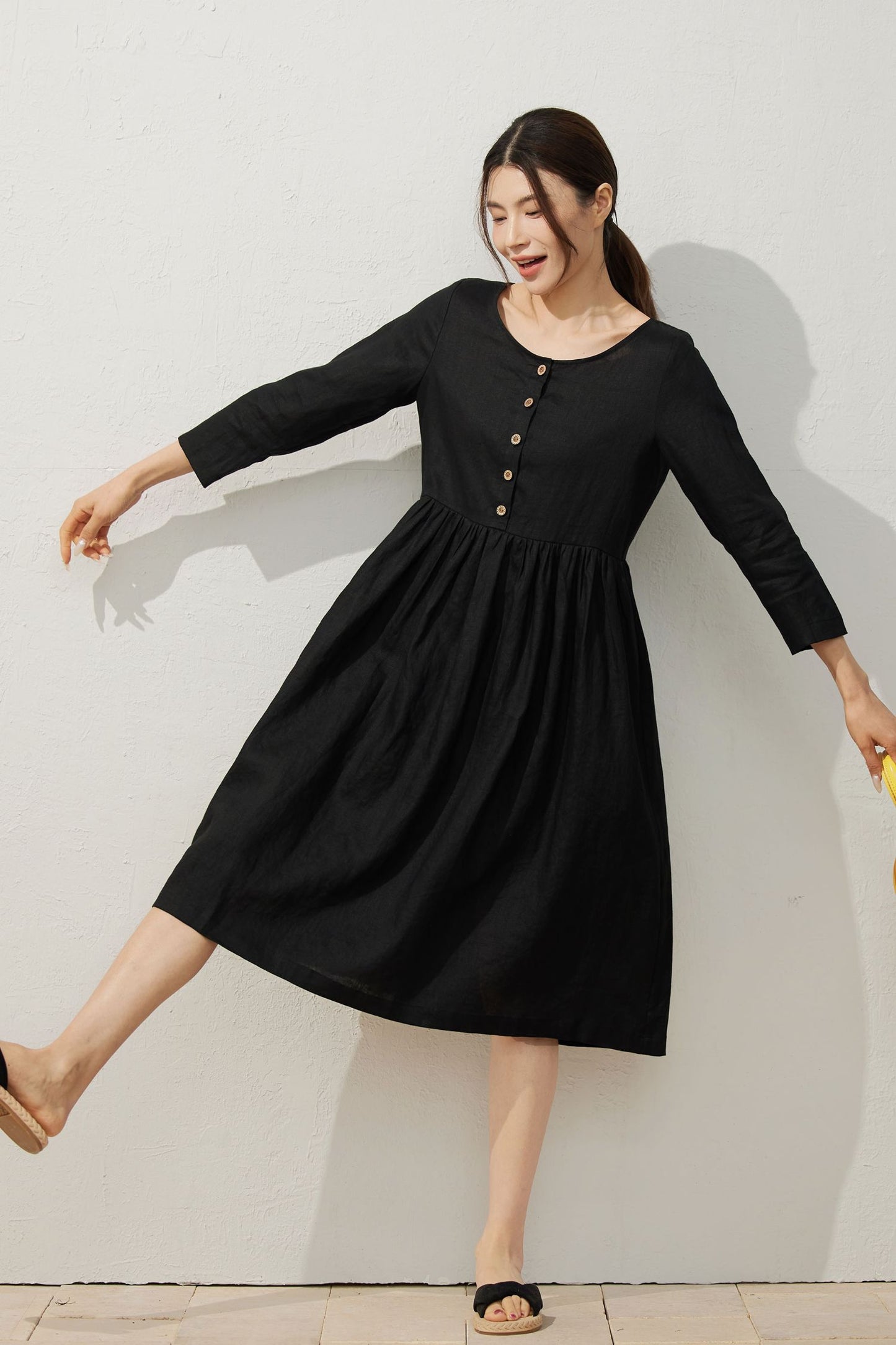 Black Linen Midi Dress with Button Detailing C3925