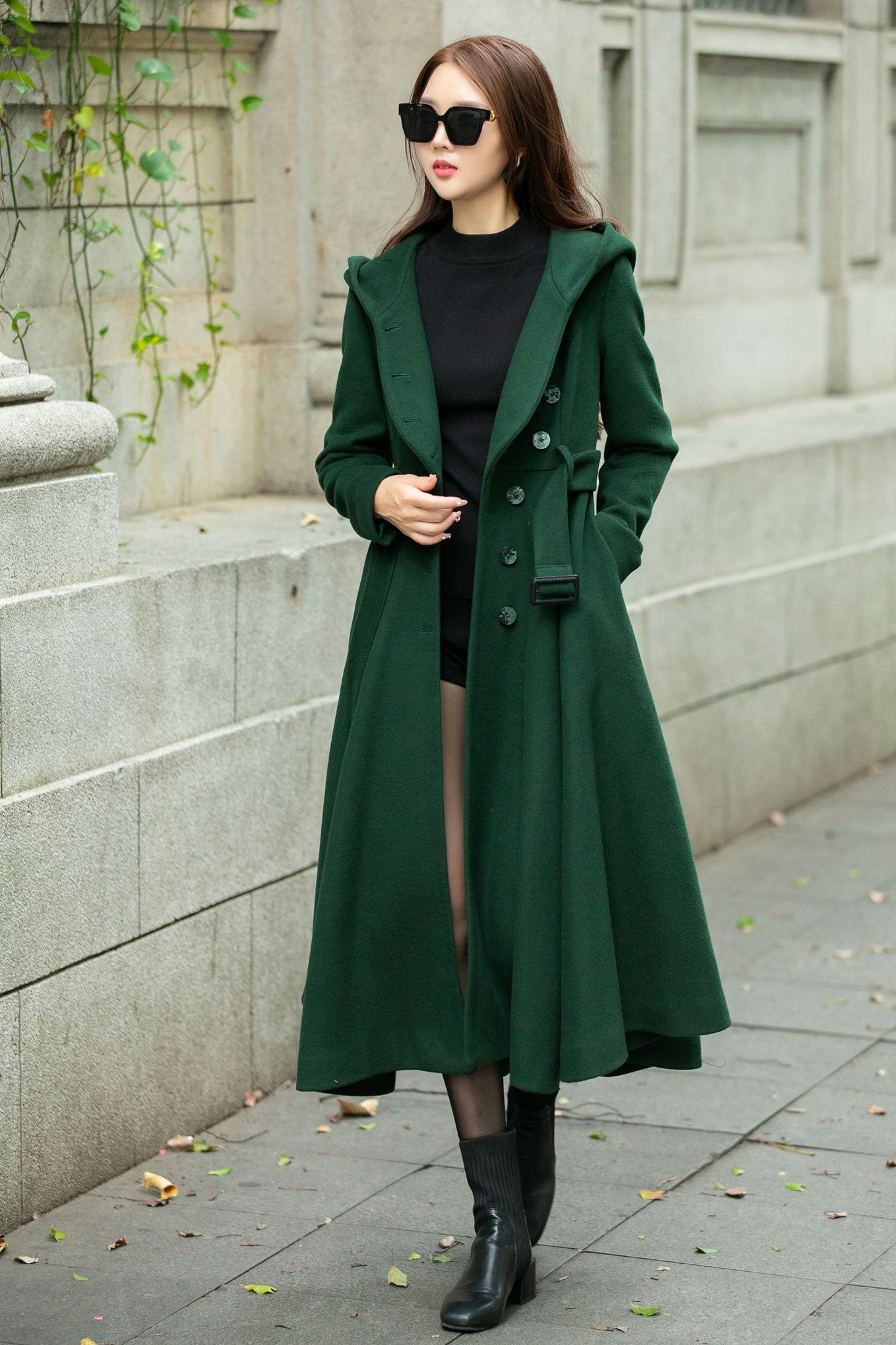 Swing green hooded wool coat C4503