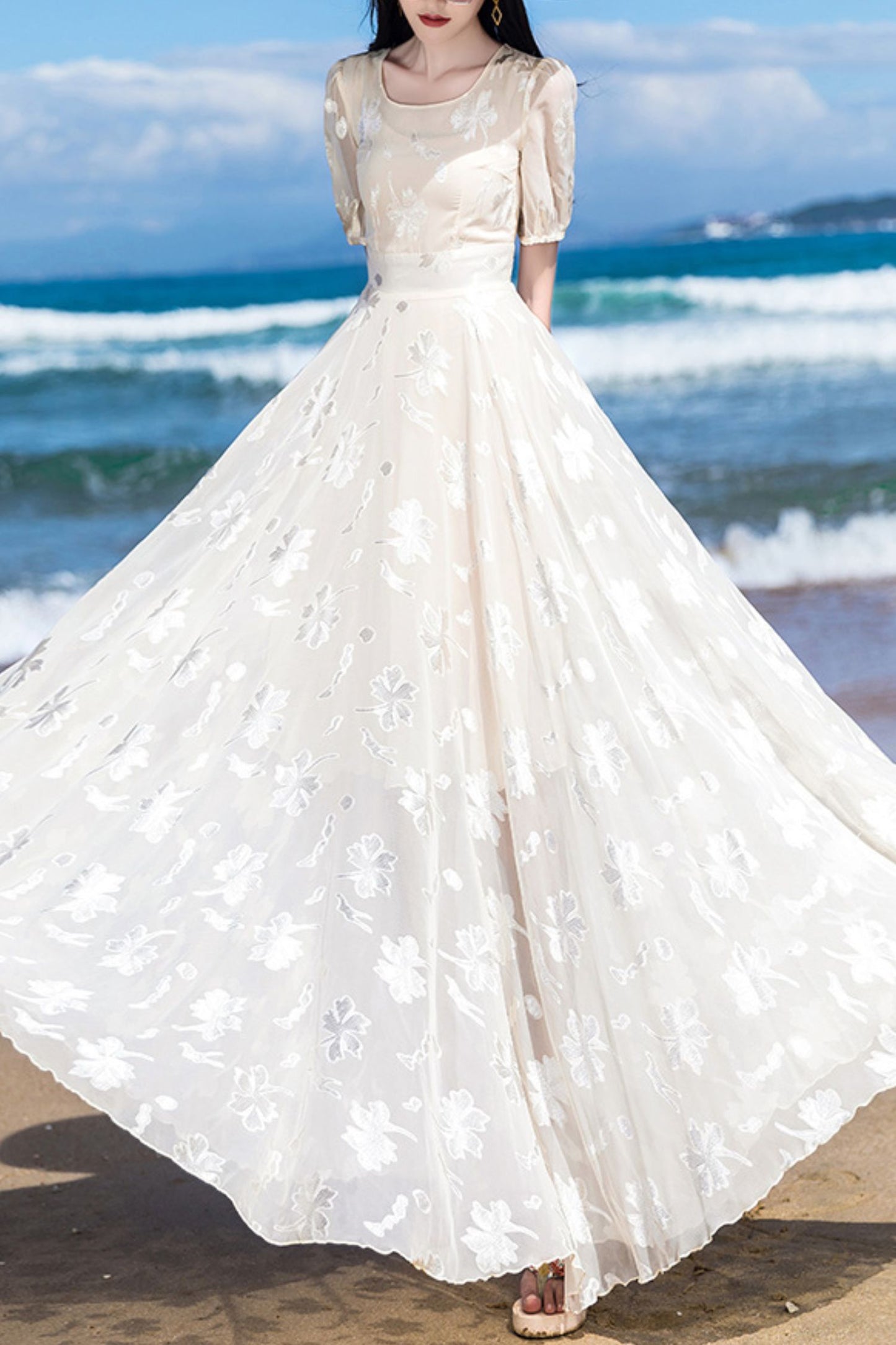 Beige chiffon women summer new long round neck dress C4092