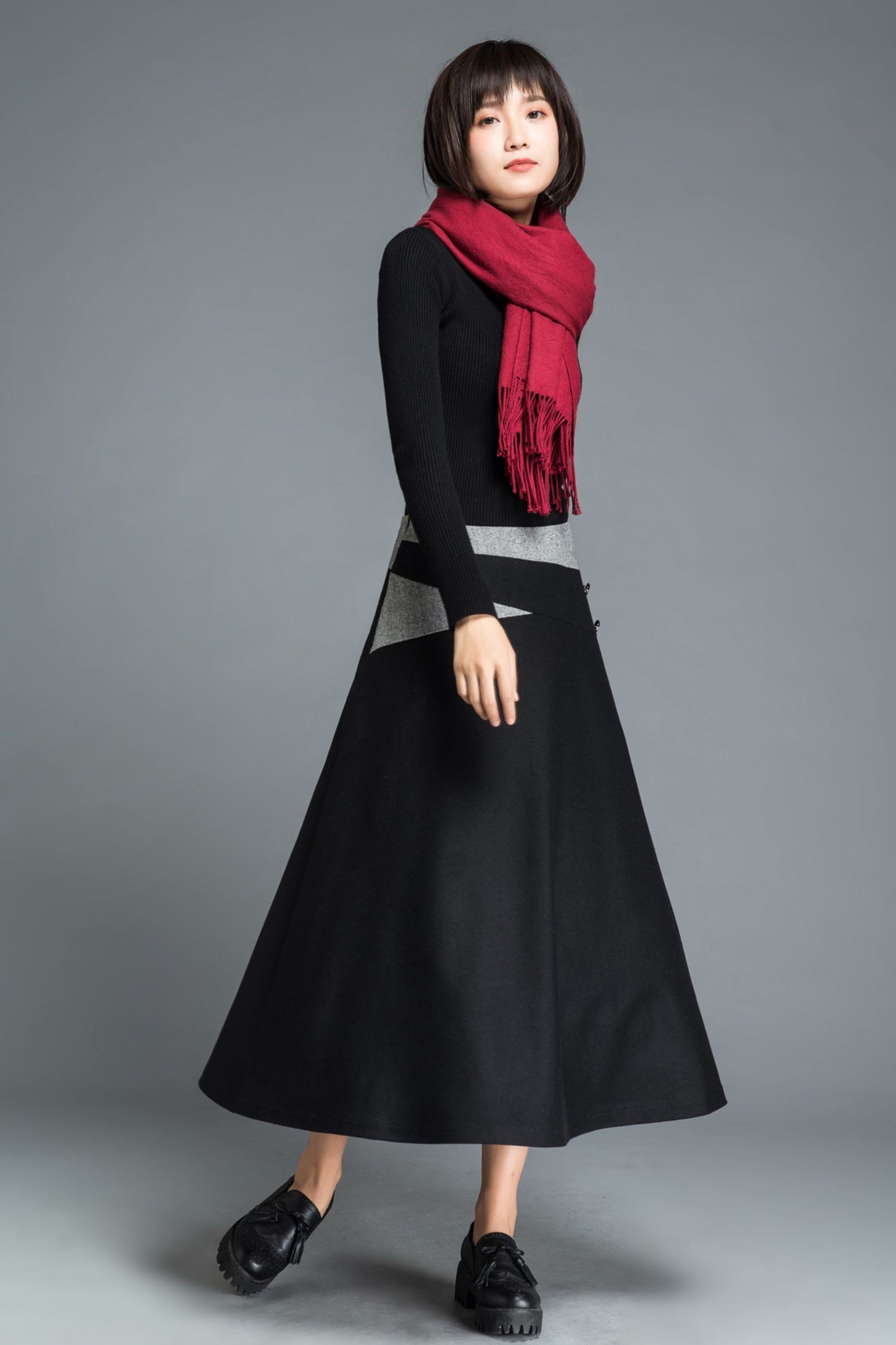 A line black midi wool skirt C1215