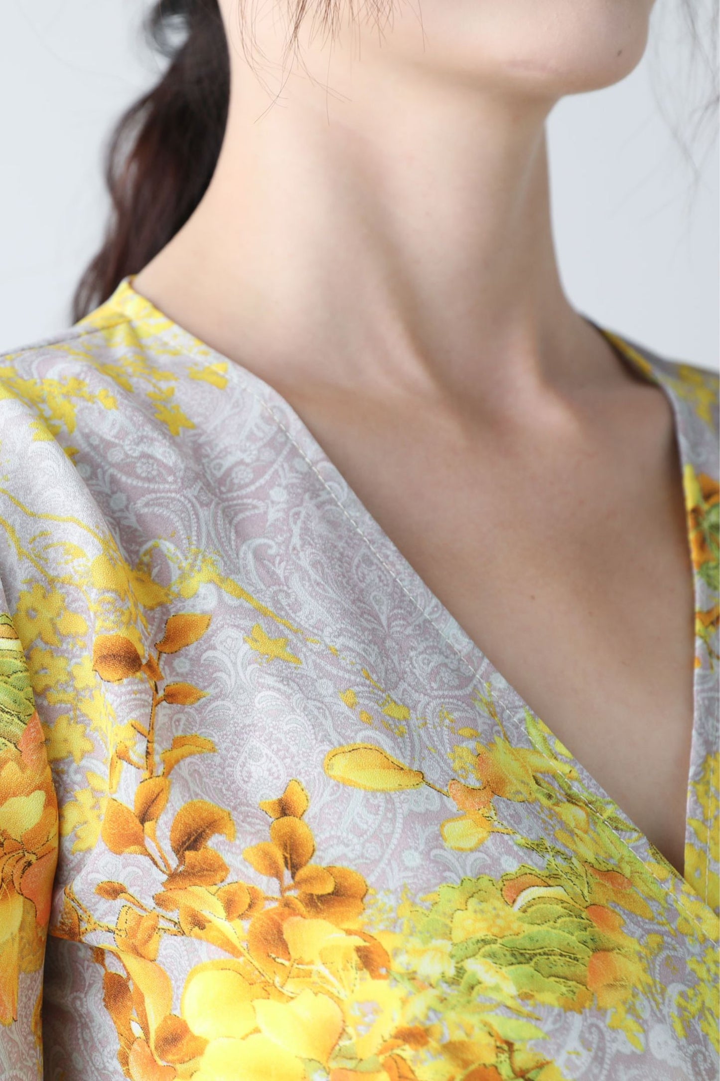 Yellow floral V-neck romantic dress C3453
