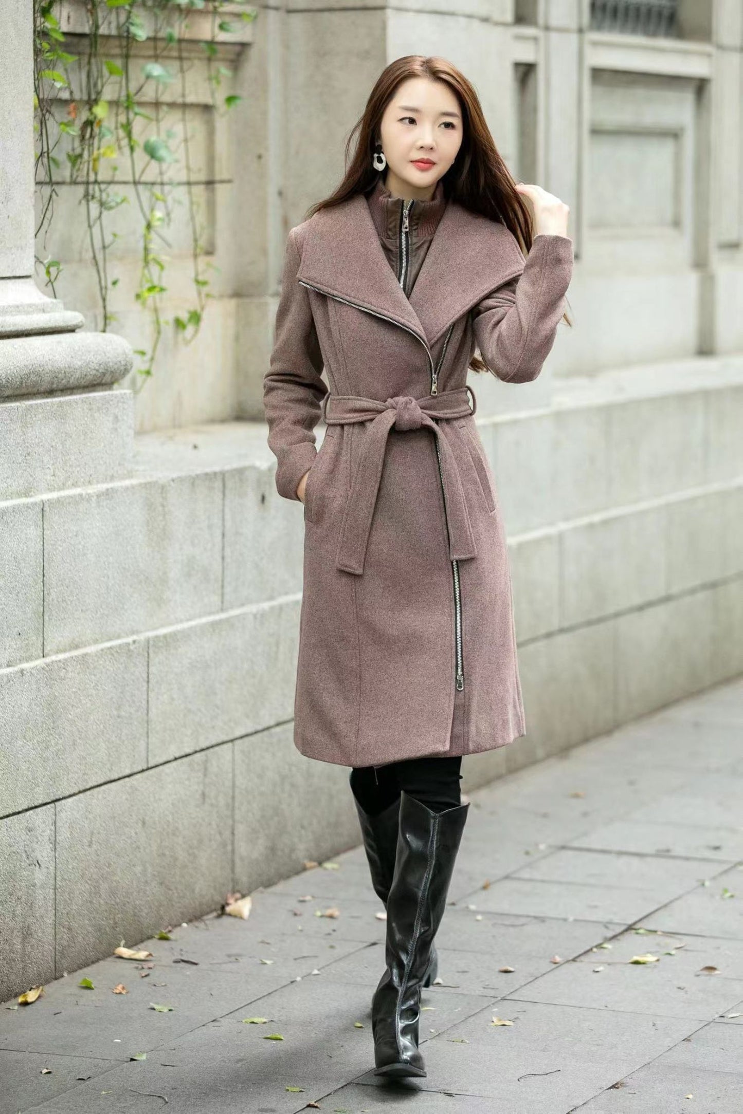 Tie belt asymmetrical winter wool coat C4508