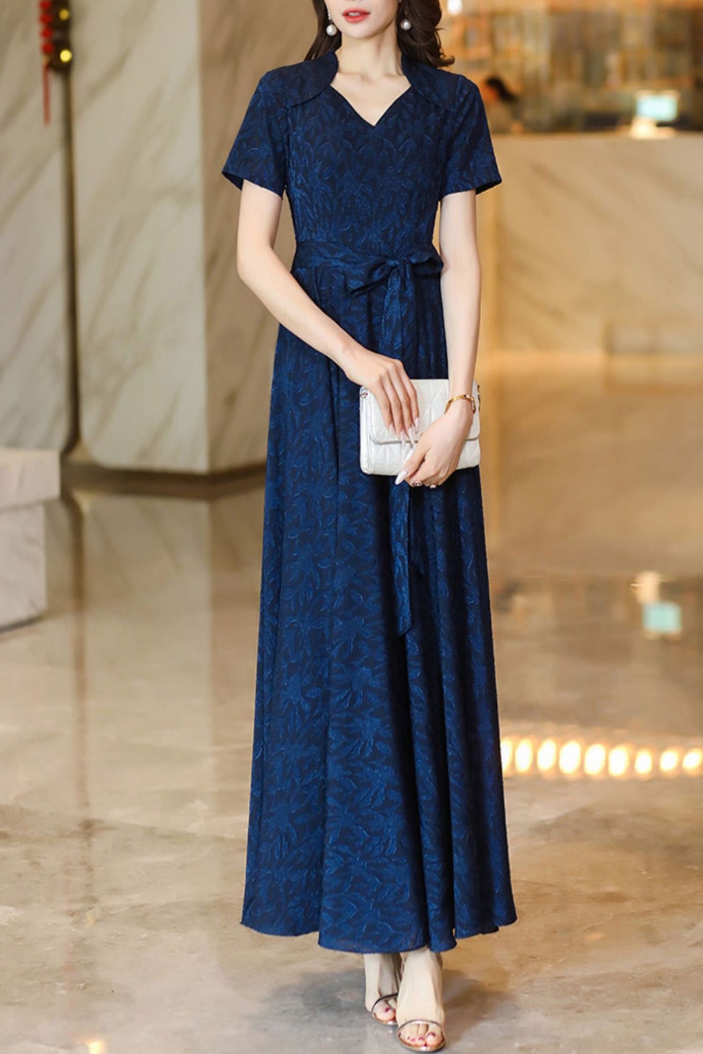 Navy blue summer new chiffon big swing long dress C4120