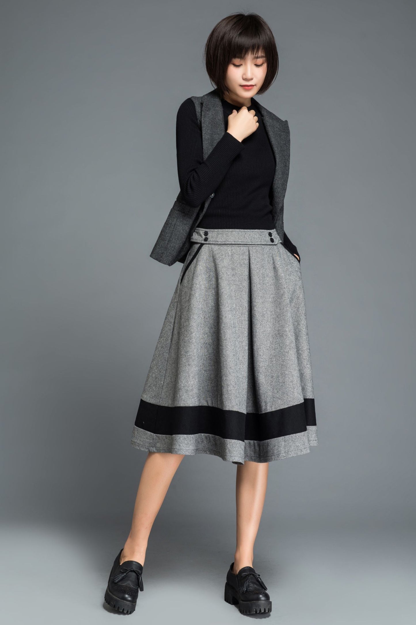 Knee length block color winter wool skirt C1214