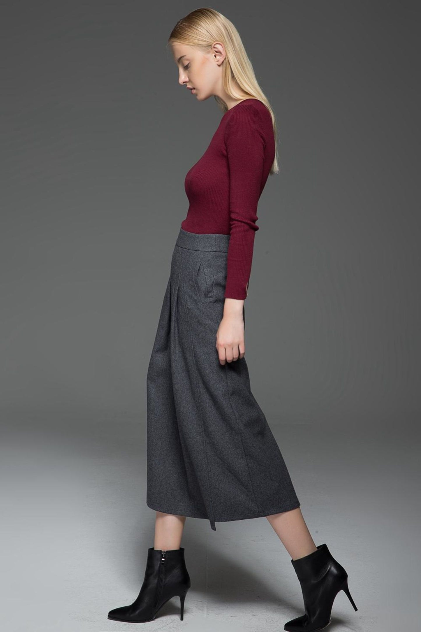 Pleated gray a line winter wool skirt C770