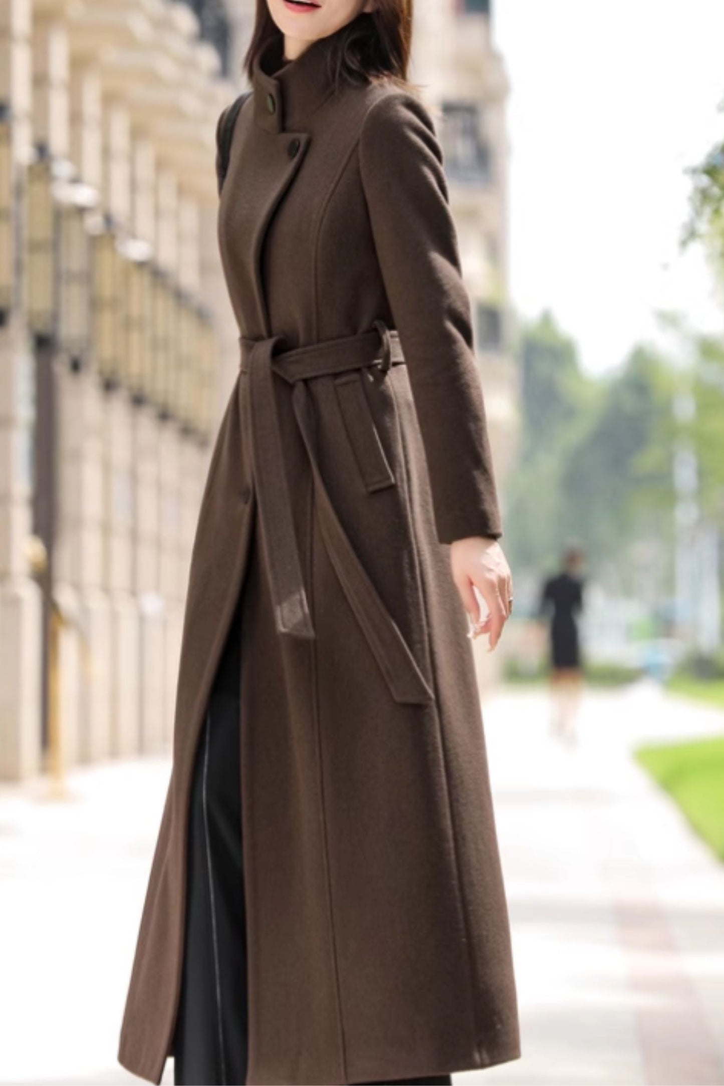Brown Wool Blend Long Trench Coat - Tie Belt, Lapel Collar C4603